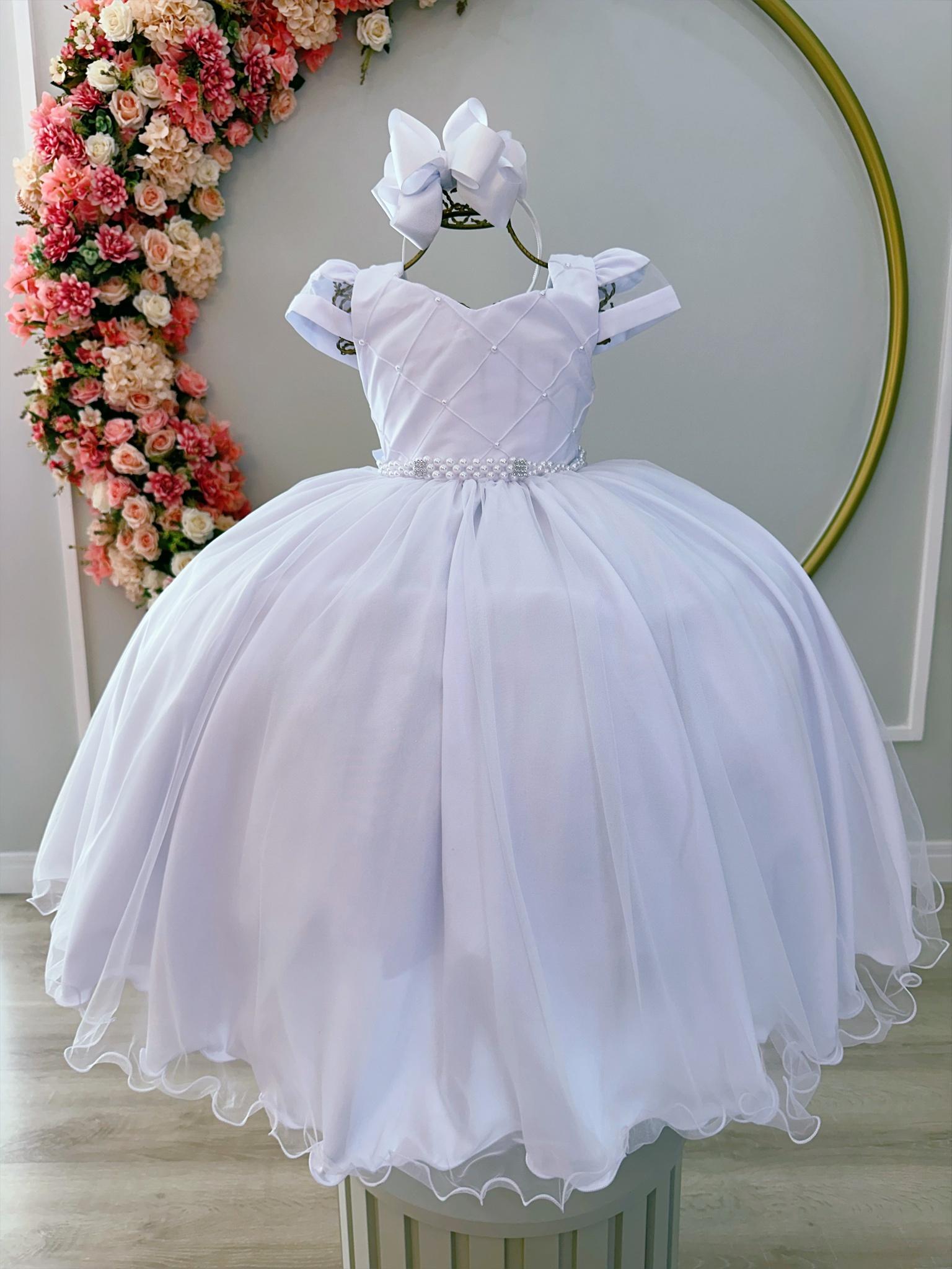 Vestido Infantil Branco C/ Busto Nervura Cinto Pérolas Damas