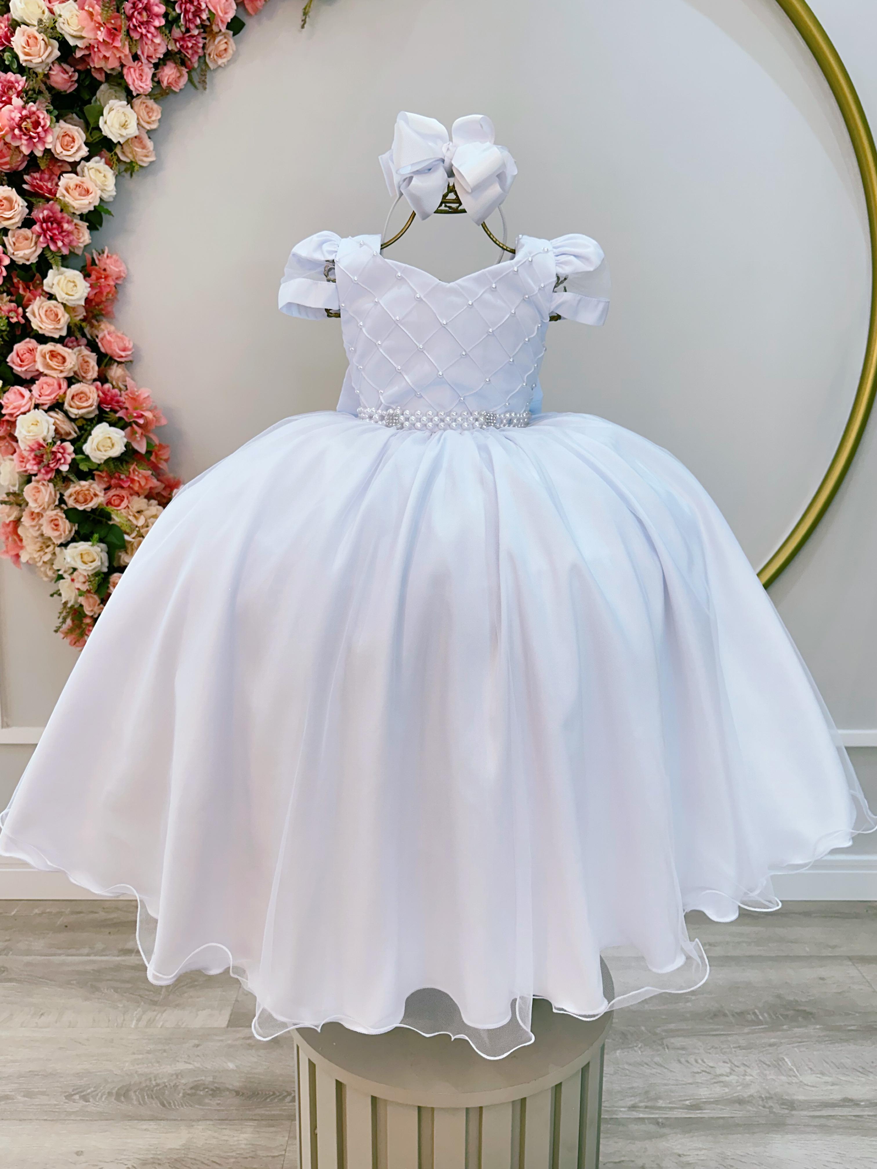 Vestido Infantil Branco C/ Busto Nervura Festas e Damas