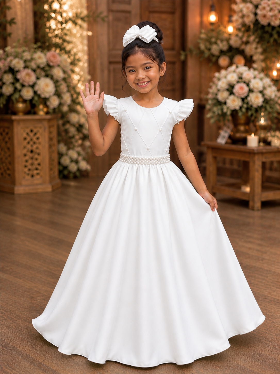 Vestido Infantil Branco Nervura com Pérolas Cinto Luxo
