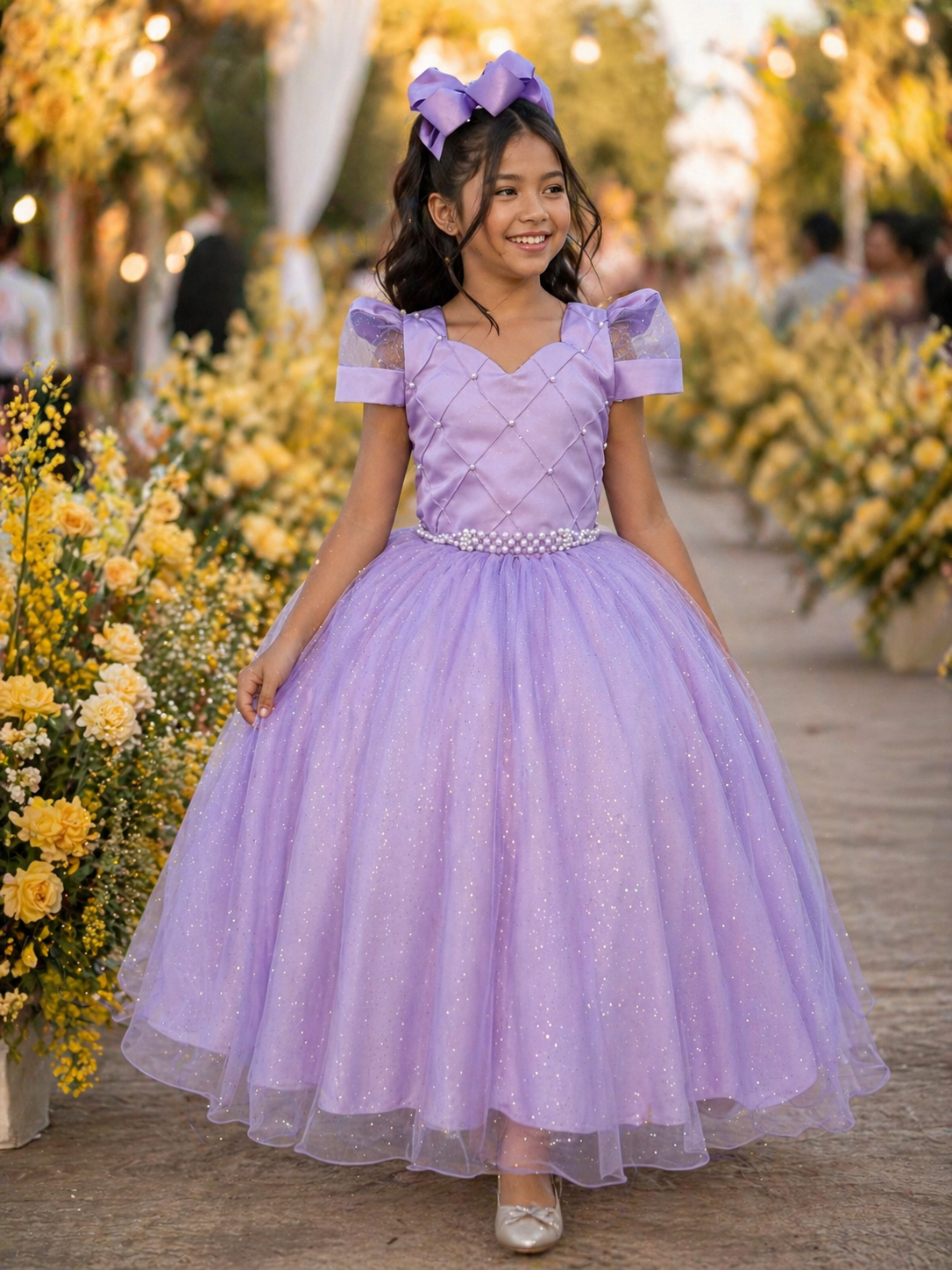 Vestido Infantil Longo Lilás Busto Nervura C/ Pérolas Damas