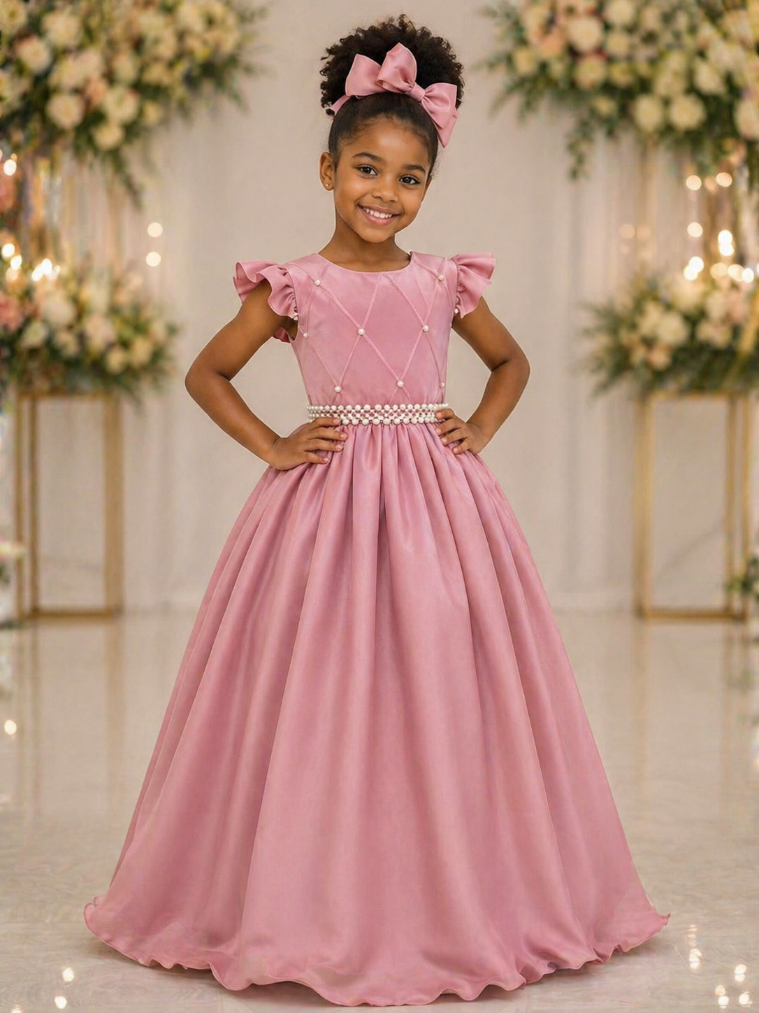 Vestido Infantil Longo Rose C/ Busto Nervura Daminhas Festas