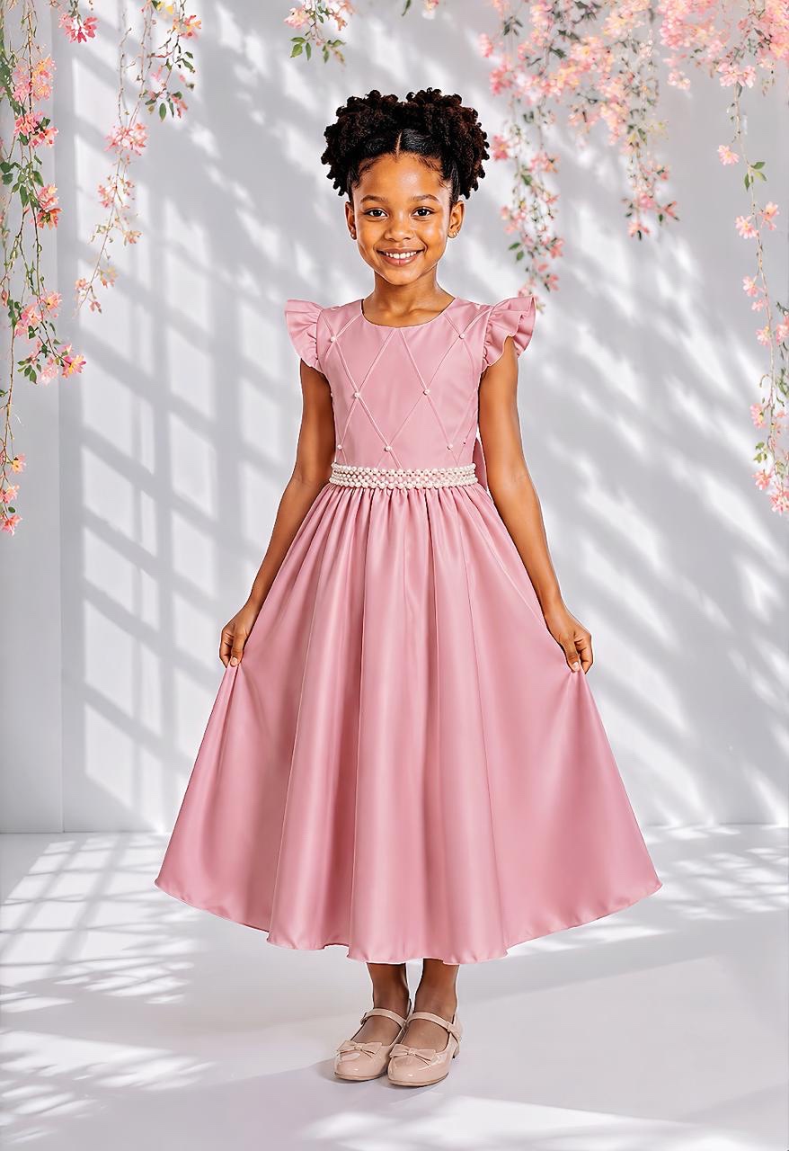 Vestido Longo Daminhas, Infantil Rose em Poliéster, C/ Busto Nervura Daminhas Festas