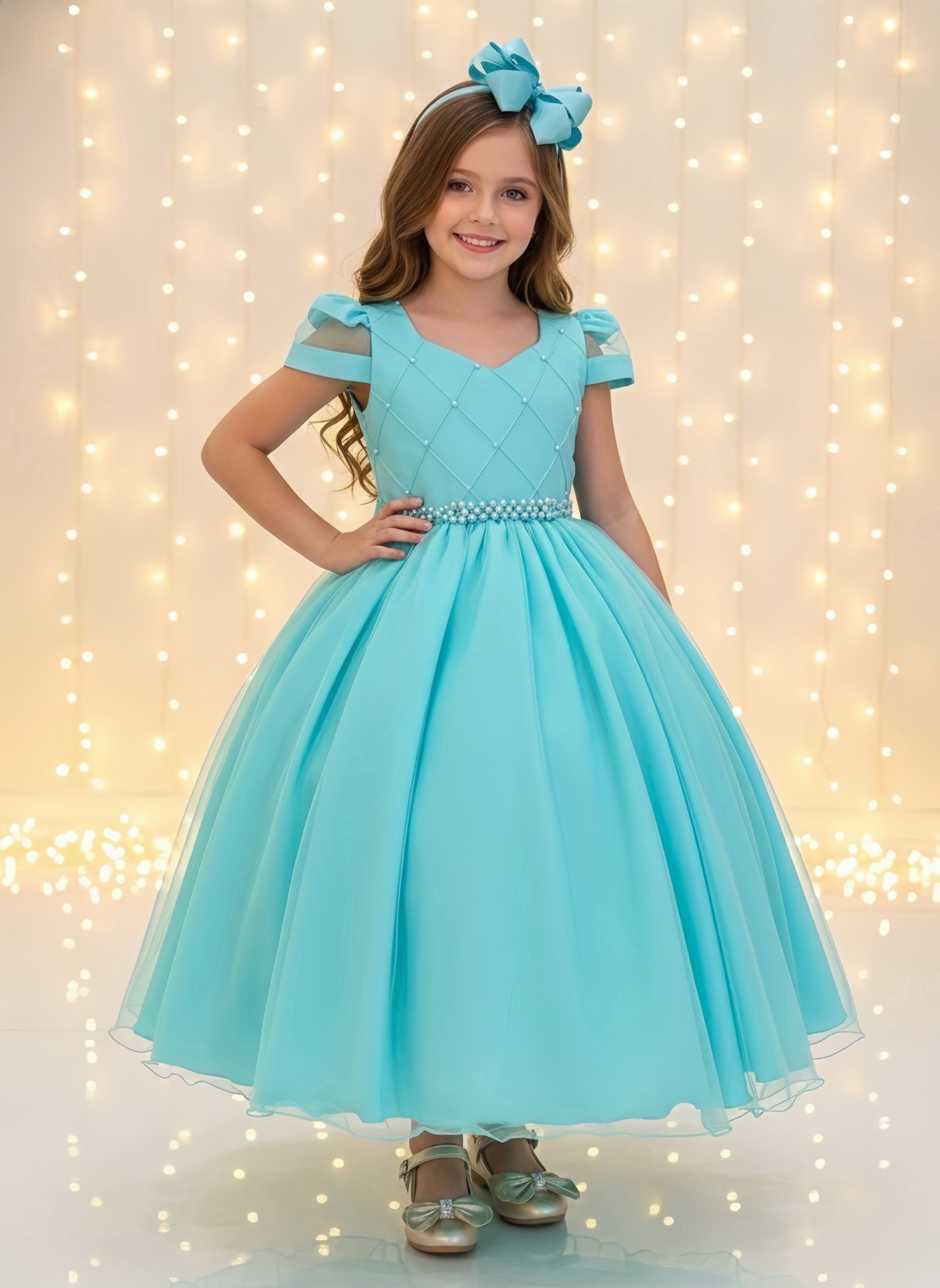 Vestido Infantil Longo Verde Busto Nervura C/ Pérolas Damas