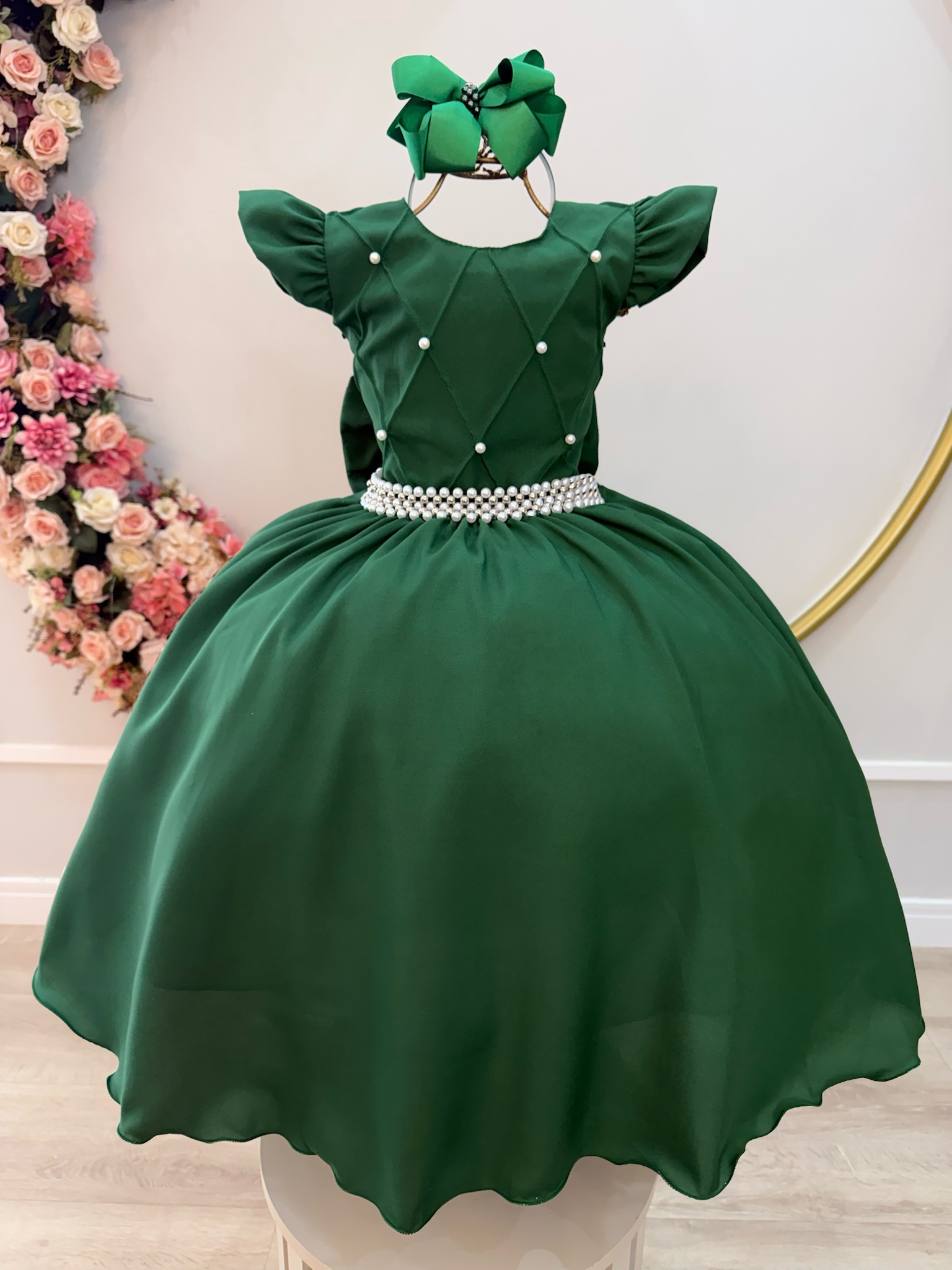 Vestido Infantil Verde Esmeralda Busto Nervura Daminhas Luxo