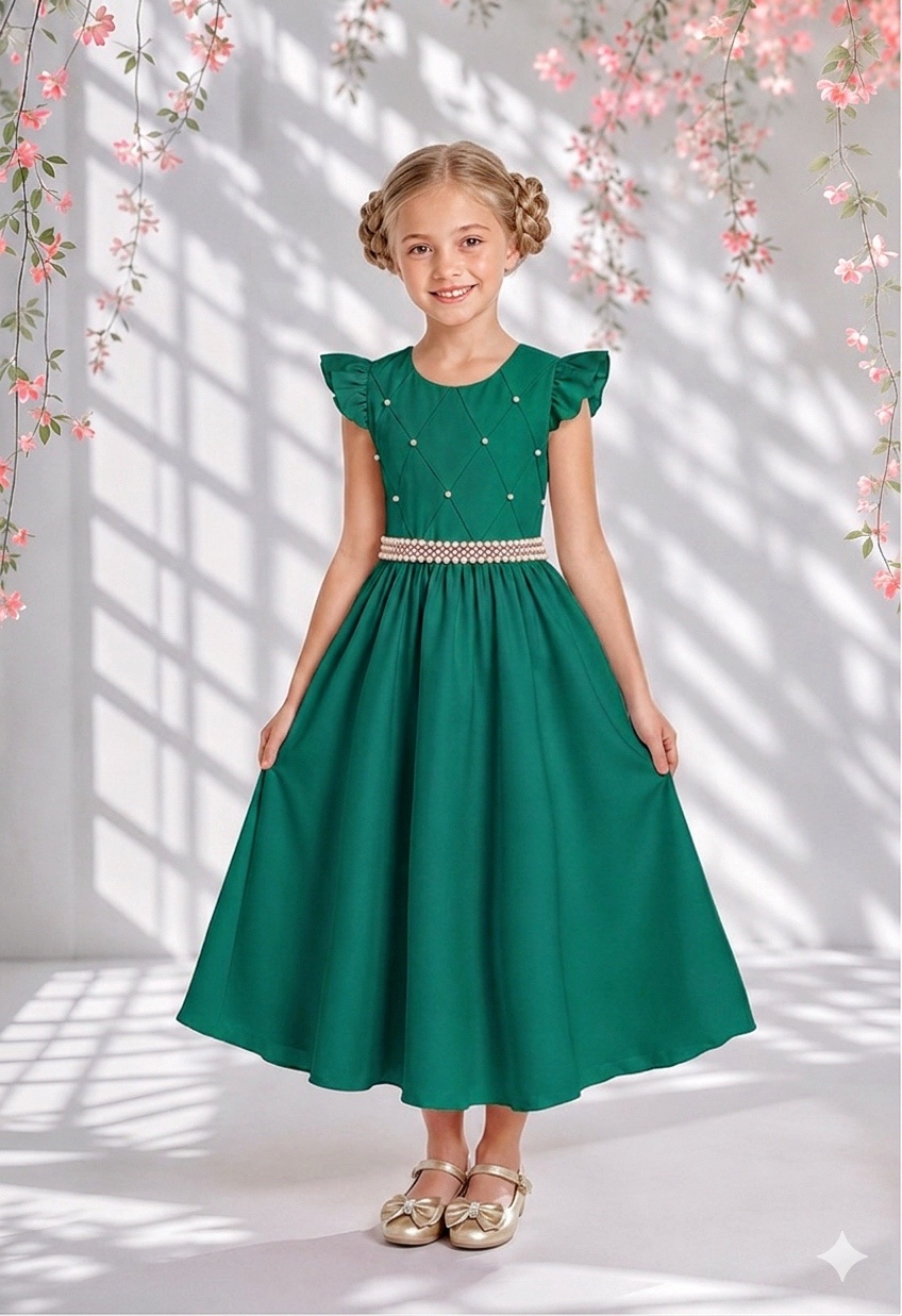 Vestido Infantil Longo Verde Esmeralda Busto Nervura Daminhas Luxo