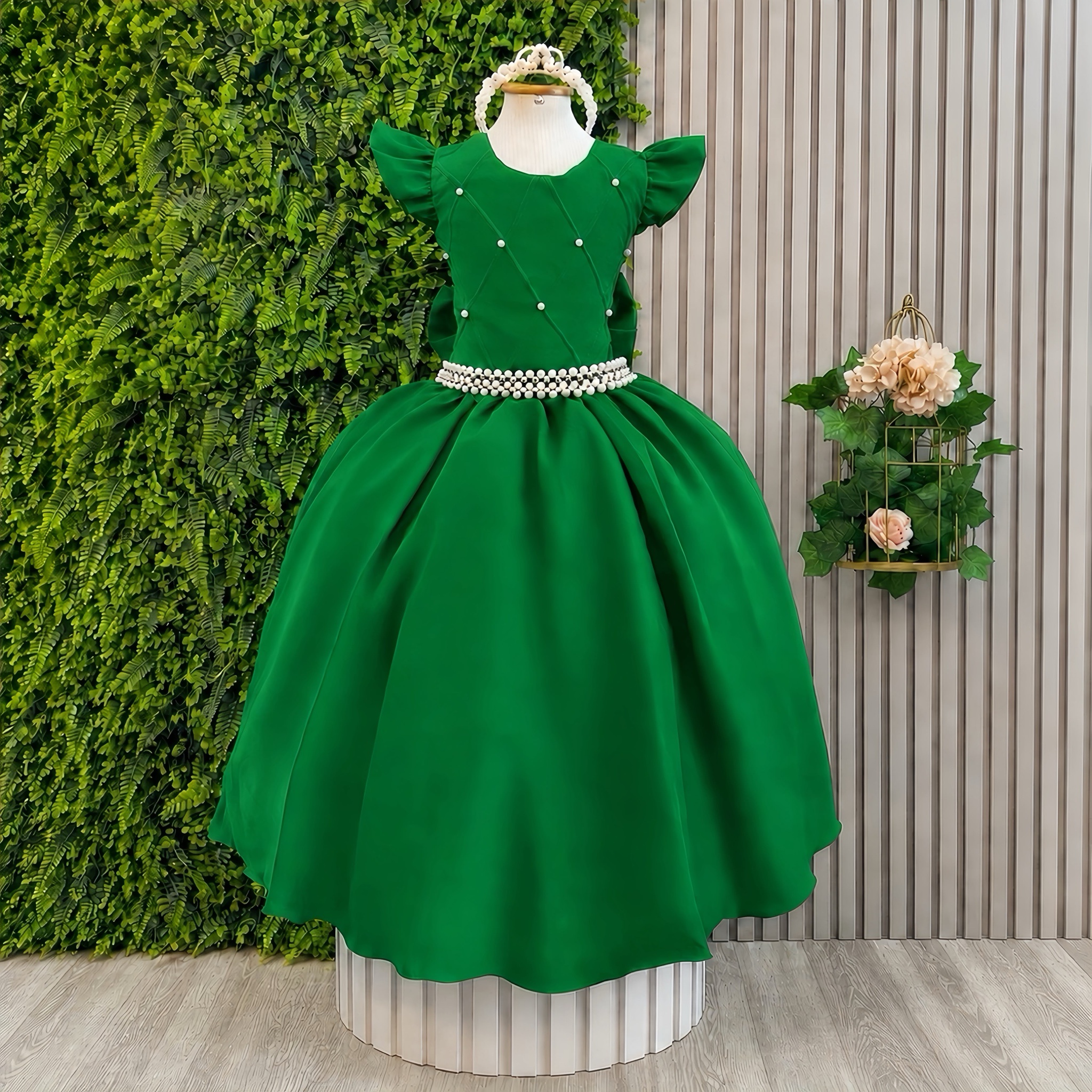Vestido Infantil Longo Verde Esmeralda Busto Nervura Daminhas Luxo