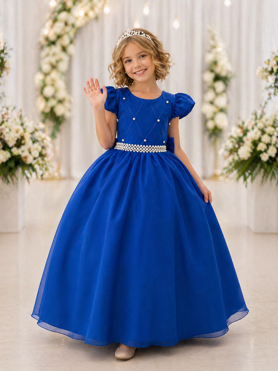 Vestido Infantil Longo Azul Royal Busto Nervura Daminhas