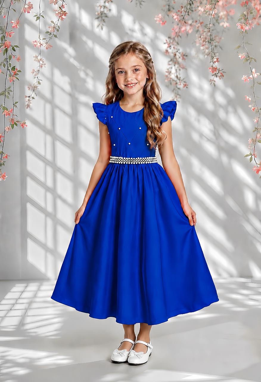 Vestido Longo Daminhas, Infantil Azul Royal em Poliéster Busto Nervura Daminhas