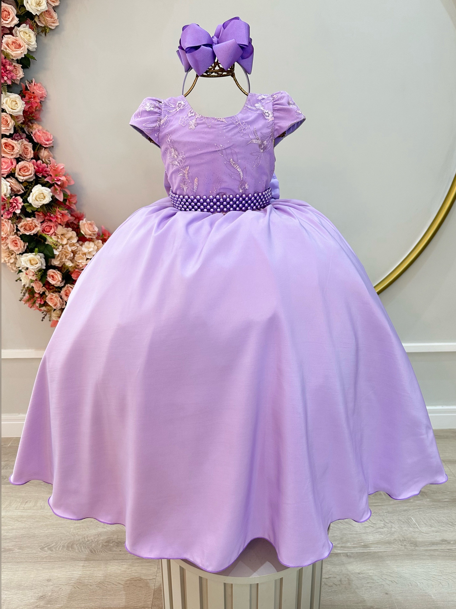 Vestido Infantil Longo Lilás Busto C/ Renda Casamentos Luxo