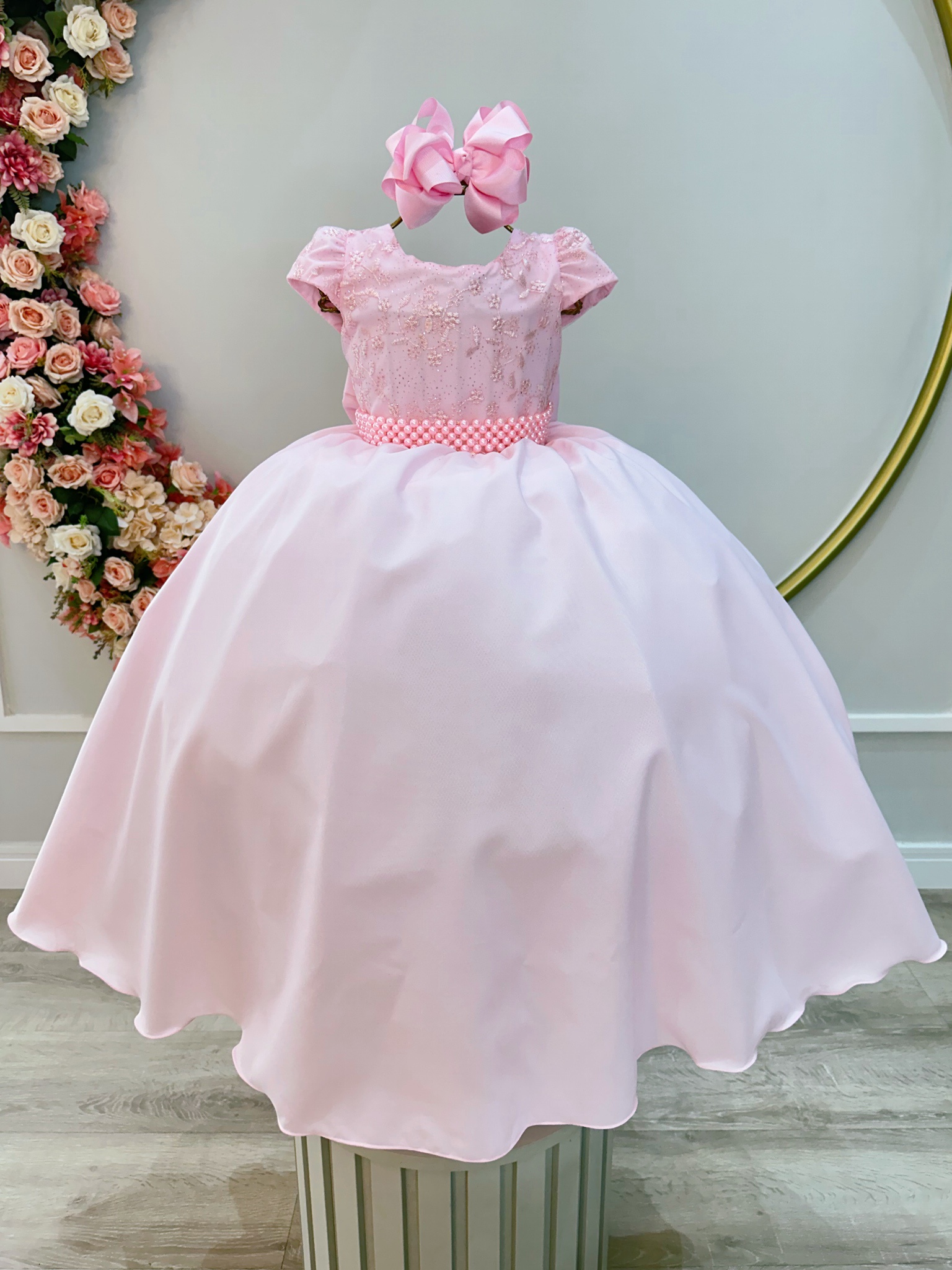 Vestido Infantil Longo Rosa Claro Busto C/ Renda Casamentos