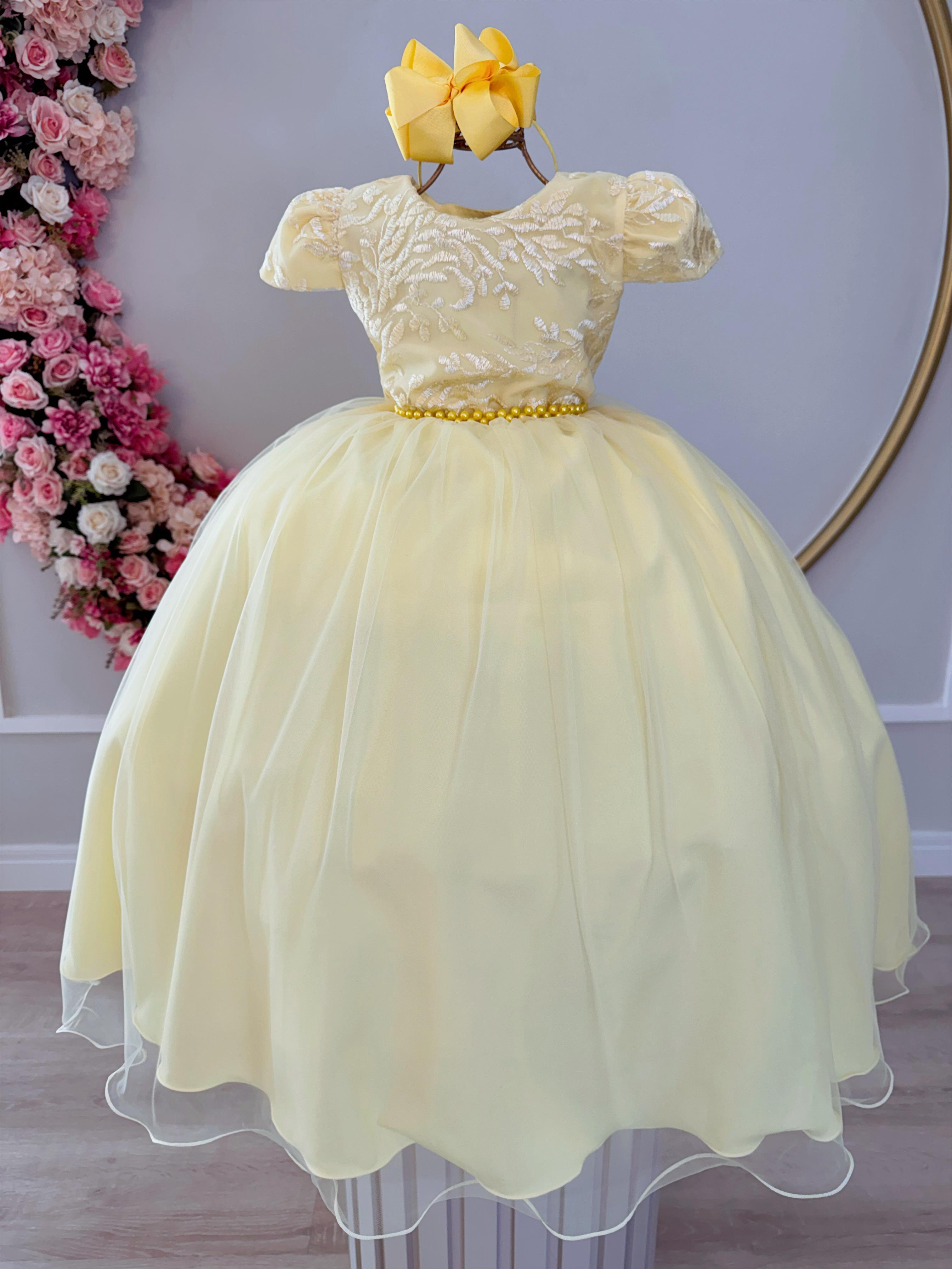 Vestido Infantil Amarelo Damas Luxo C/ Renda e Pérolas