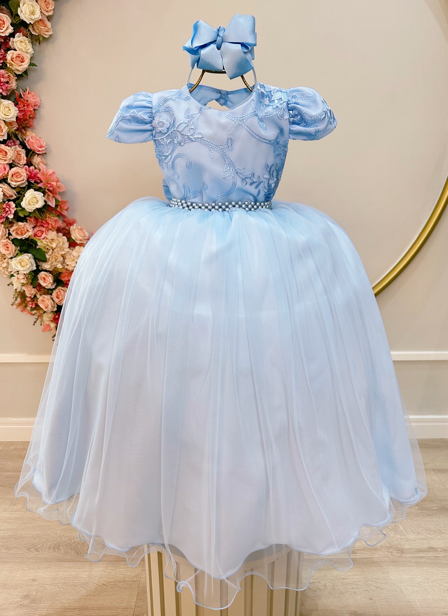 Vestido Infantil Azul Bebê Busto C/ Renda Festas Casamento