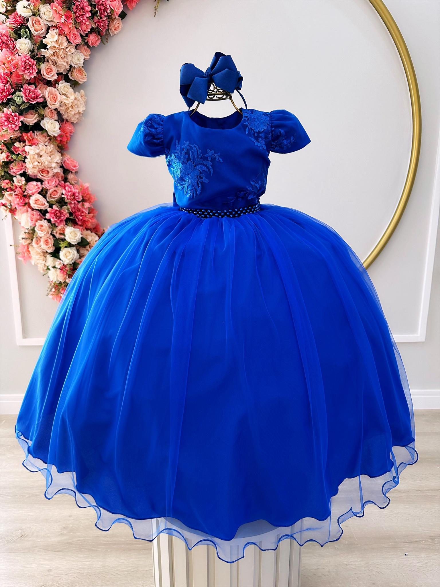 Vestido Infantil Azul Royal C/ Renda e Cinto de Pérolas Damas