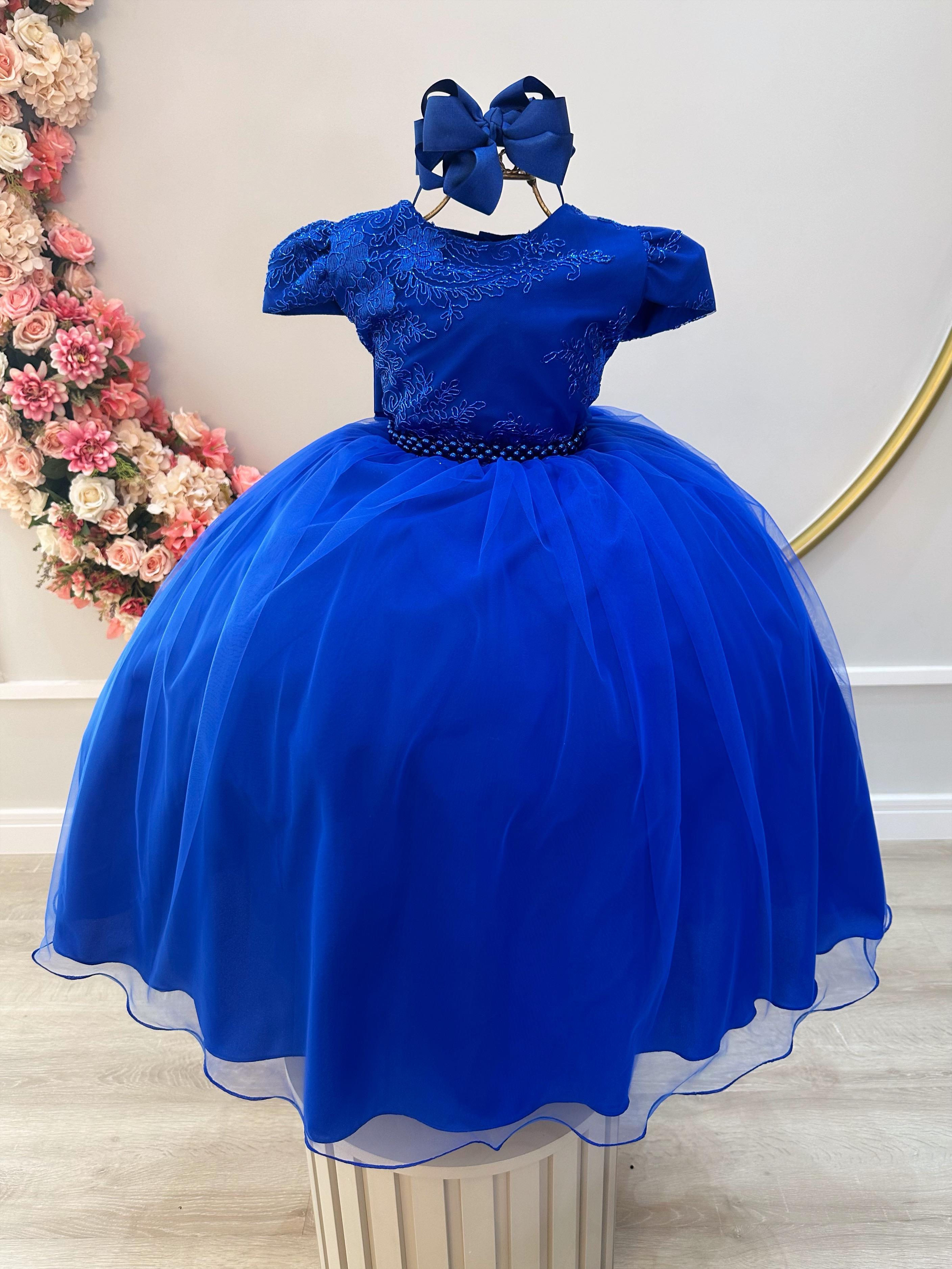 Vestido Infantil Azul Royal Damas Luxo C/ Renda Metalizada