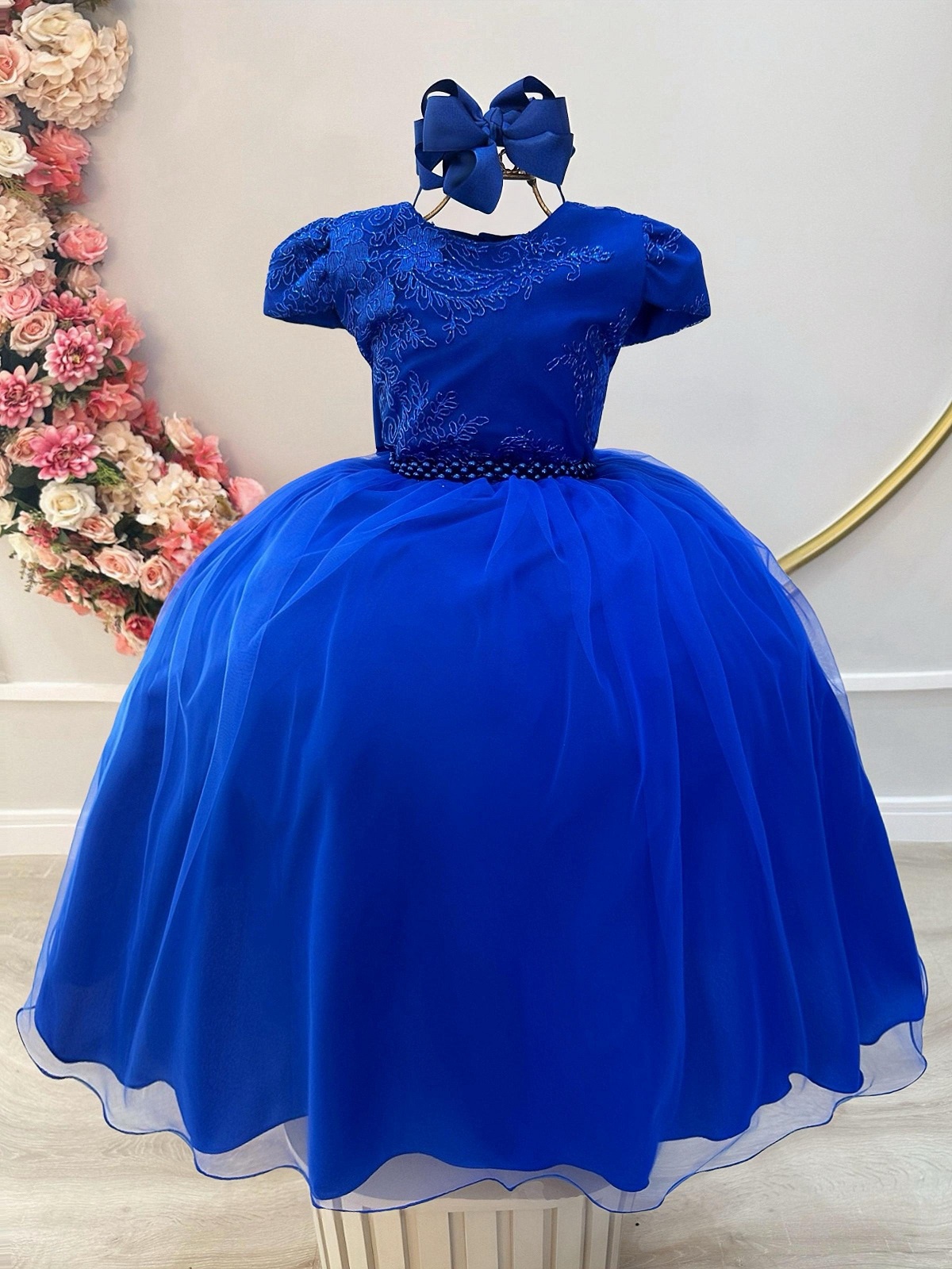 Vestido Infantil Azul Royal Damas Luxo C/ Renda Metalizada
