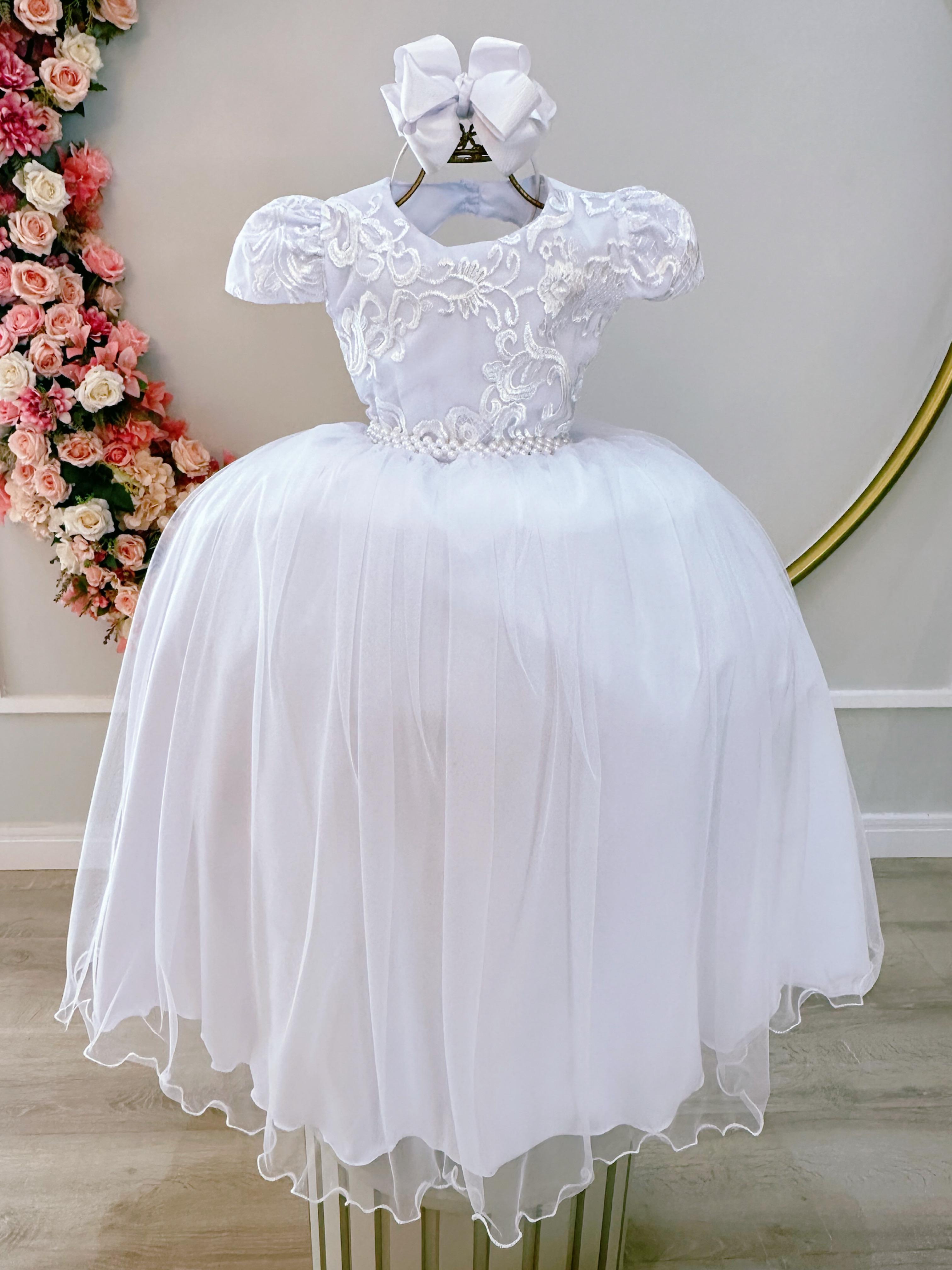 Vestido Infantil Branco Busto C/ Renda Luxo Festas Casamento