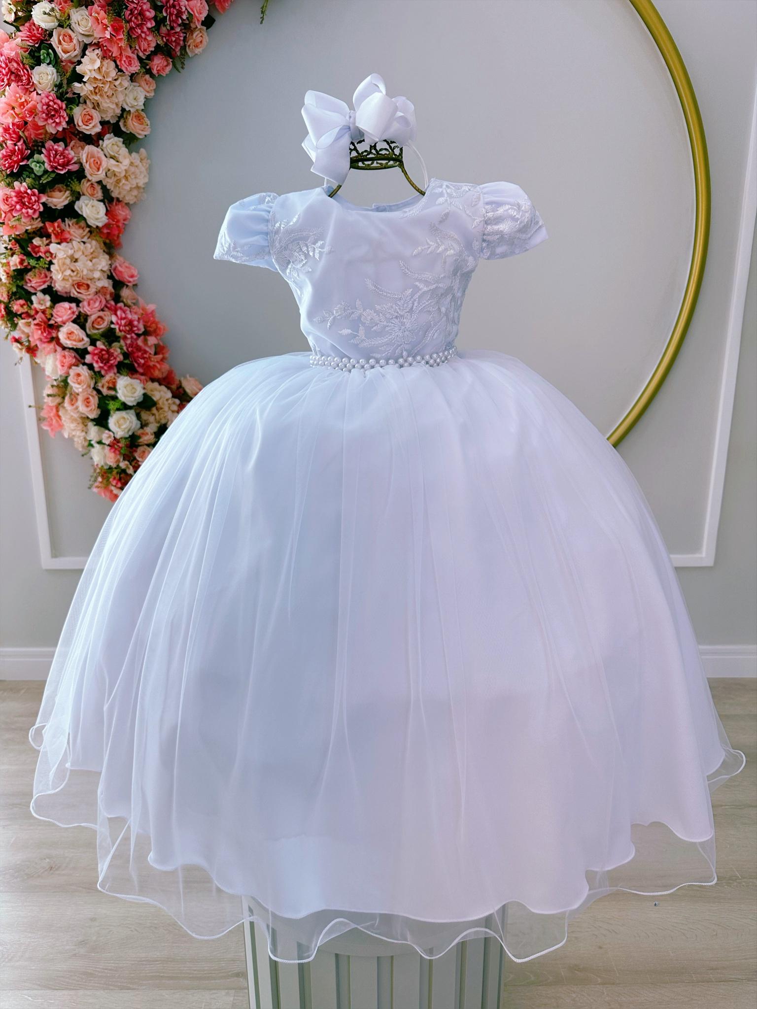 Vestido Infantil Branco C/ Renda e Cinto de Pérolas