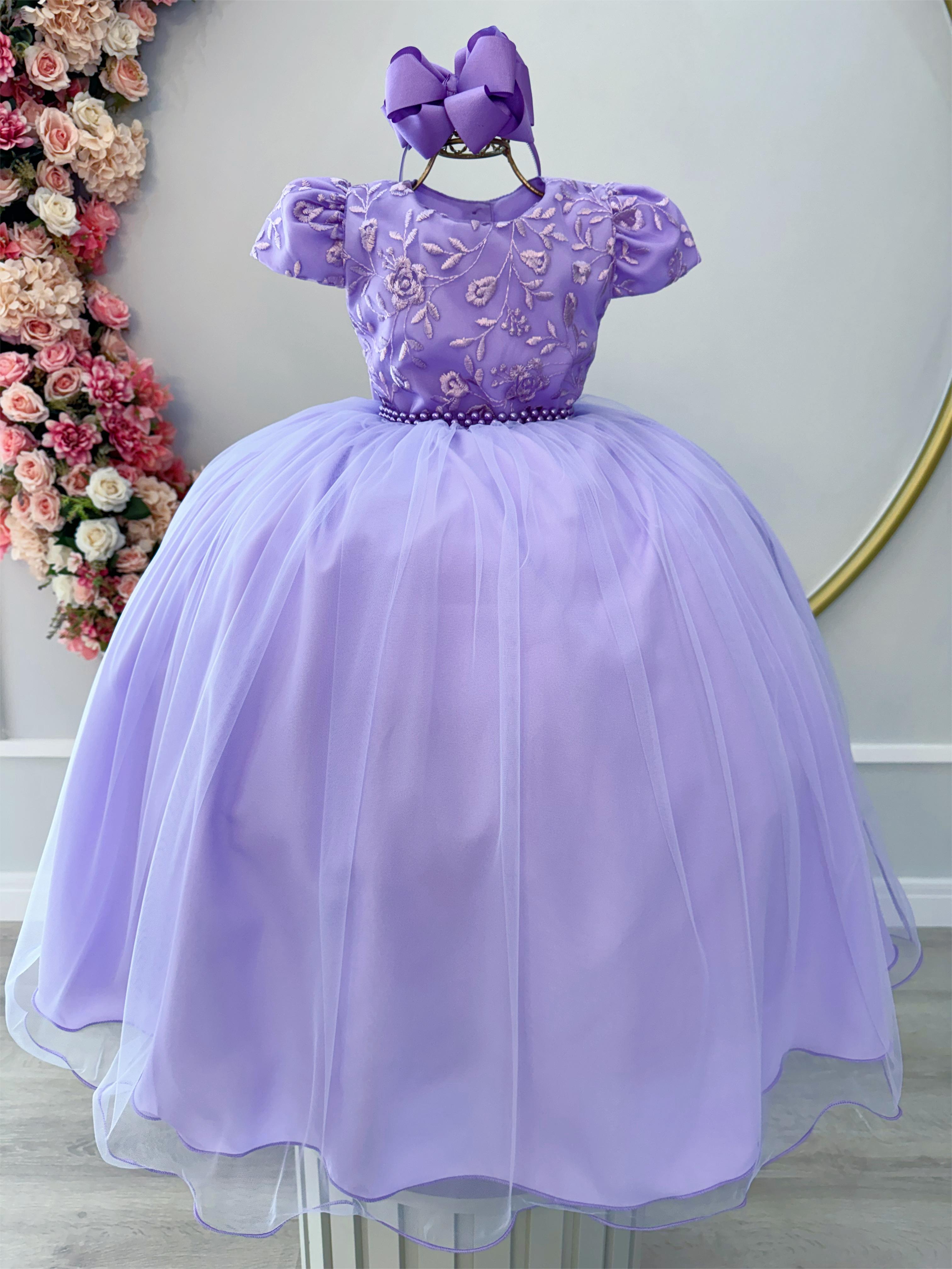 Vestido Infantil Lilás Damas Luxo C/ Renda e Pérolas