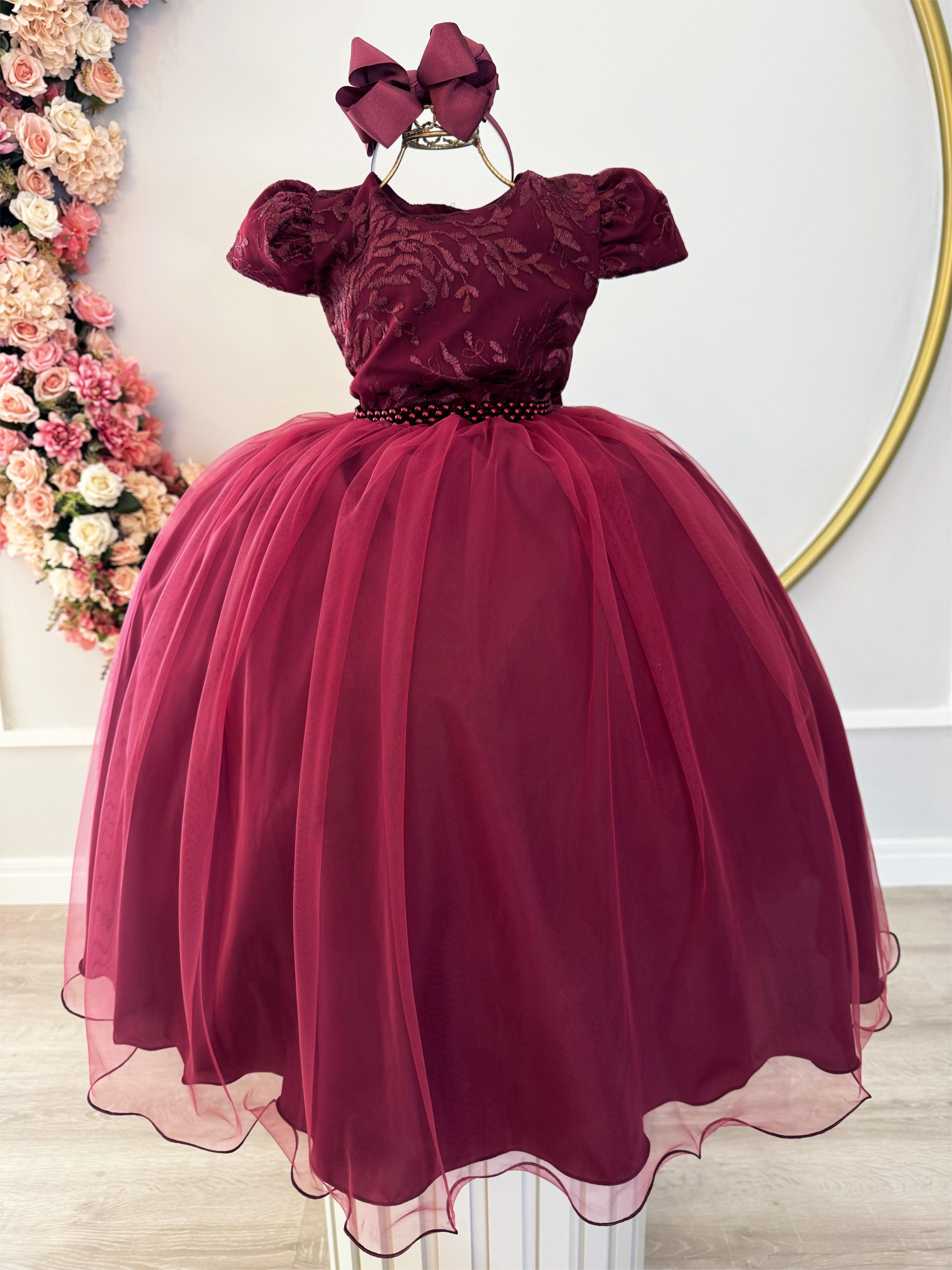Vestido Infantil Marsala Damas Luxo C/ Renda e Pérolas