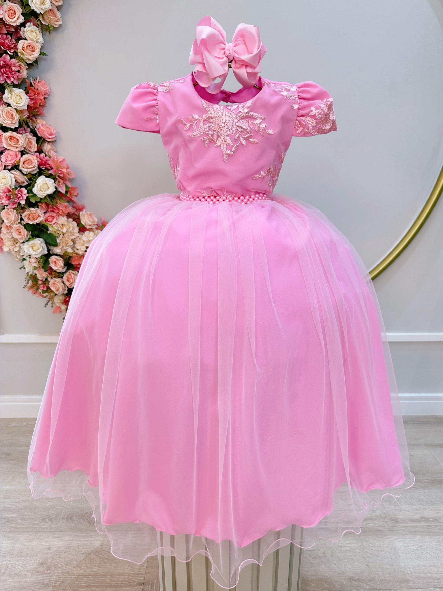 Vestido Infantil Rosa Busto C/ Renda Luxo Casamento Festas