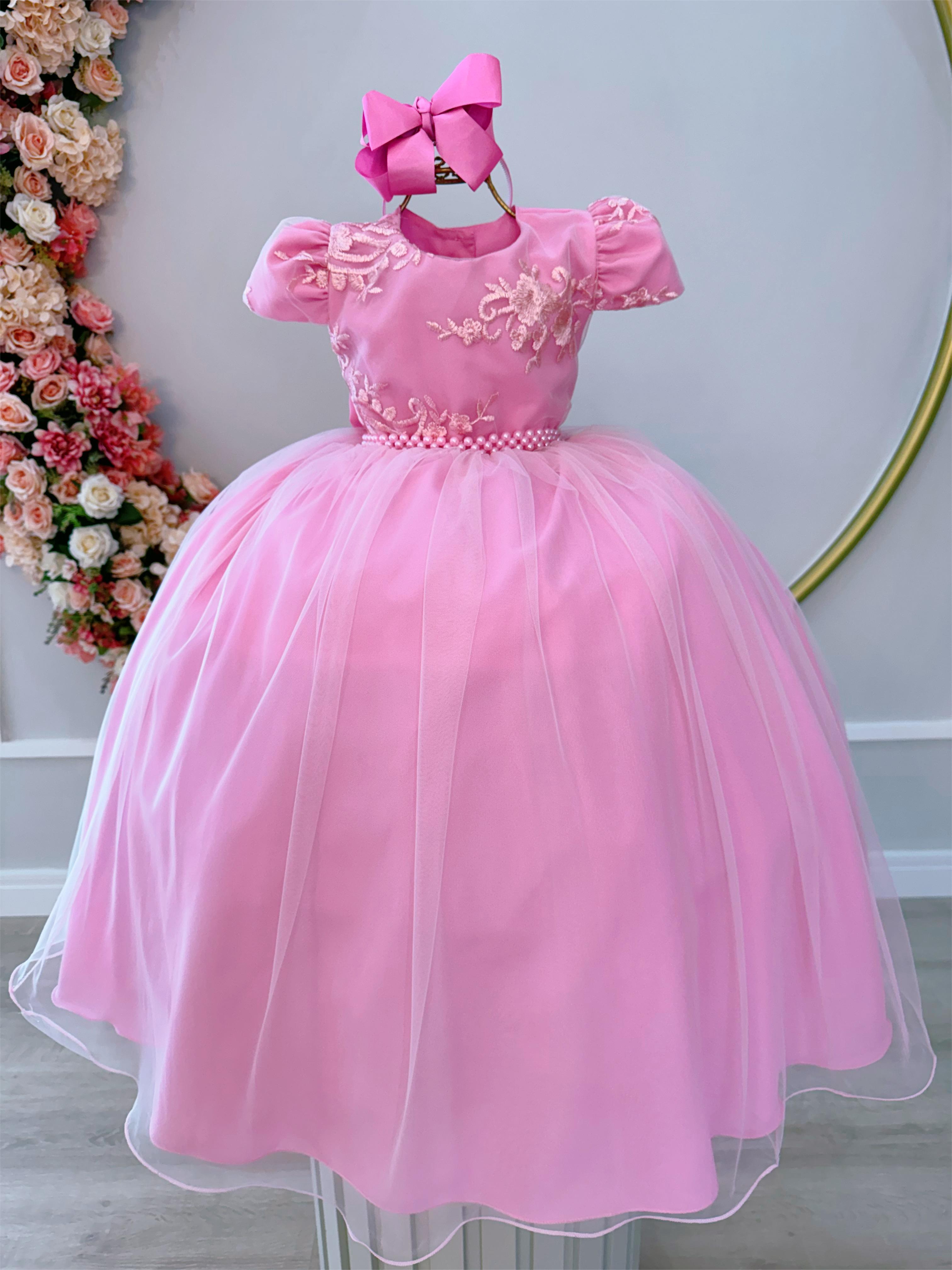 Vestido Infantil Rosa Damas Luxo C/ Renda e Cinto de Pérolas