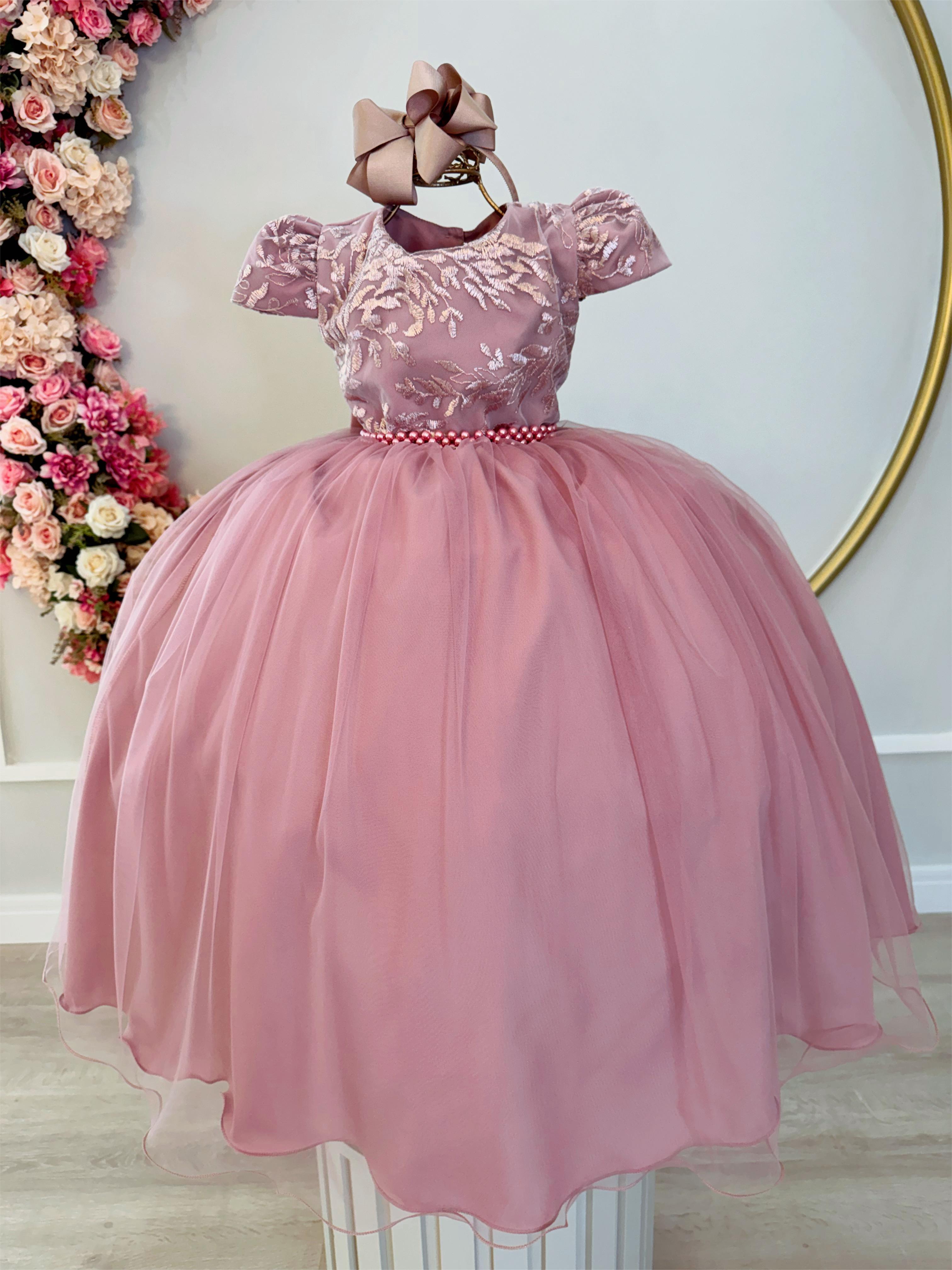 Vestido Infantil Rose Damas Luxo C/ Renda e Pérolas