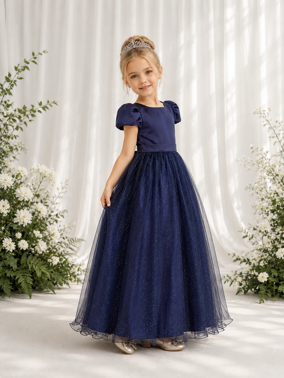Vestido Infantil Azul Marinho Longo de Princesa Brilhante e Mangas