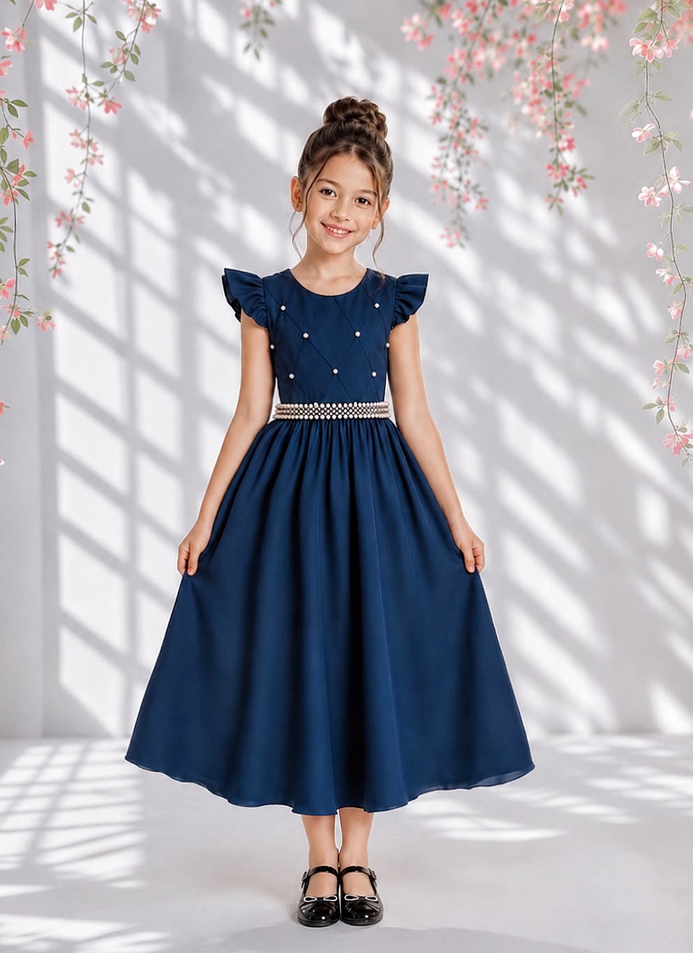 Vestido longo Daminhas, Infantil Azul Marinho em Poliéster, Nervura com Pérolas Cinto Luxo