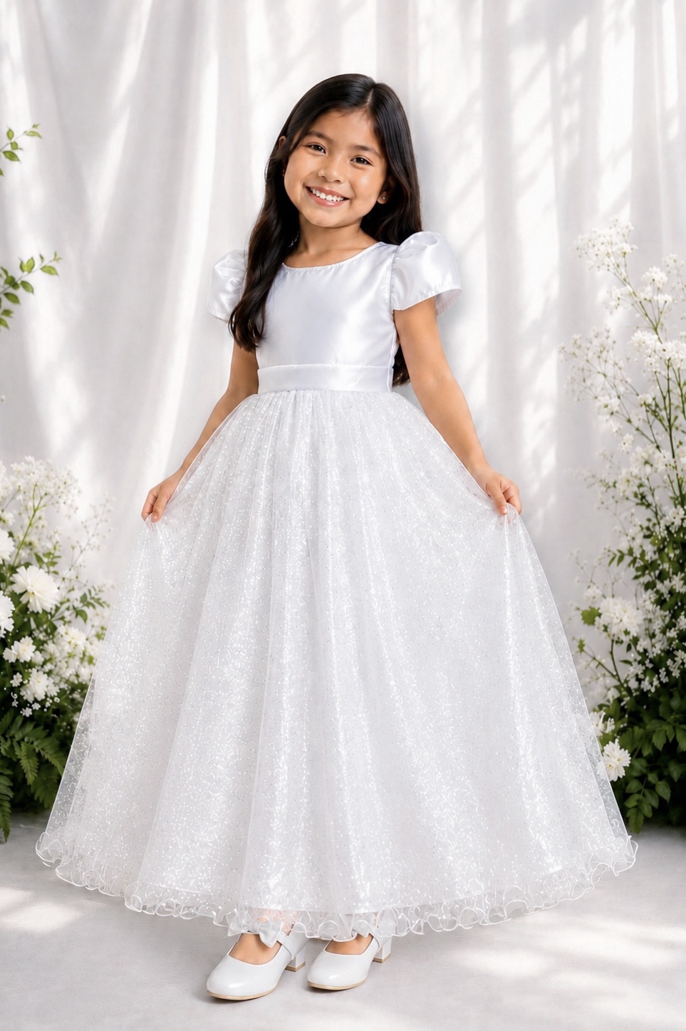 Vestido Infantil Branco Longo de Princesa Brilhante e Mangas