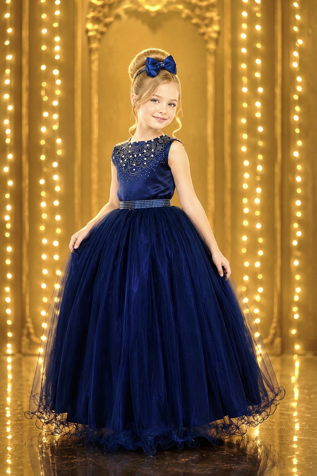 Vestido Infantil Damas de Honra Longo Azul Marinho C/ Pérolas