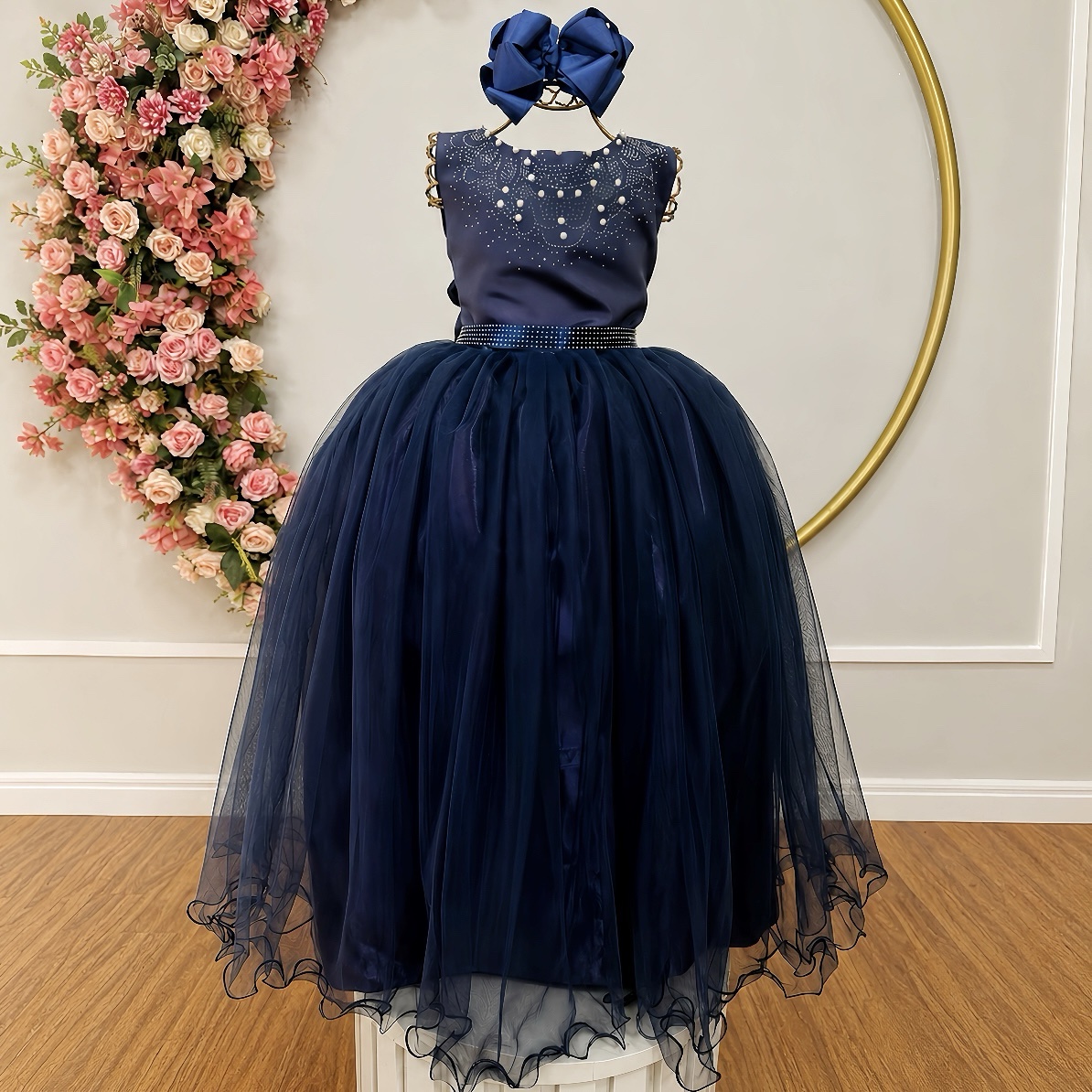 Vestido Infantil Damas de Honra Longo Azul Marinho C/ Pérolas