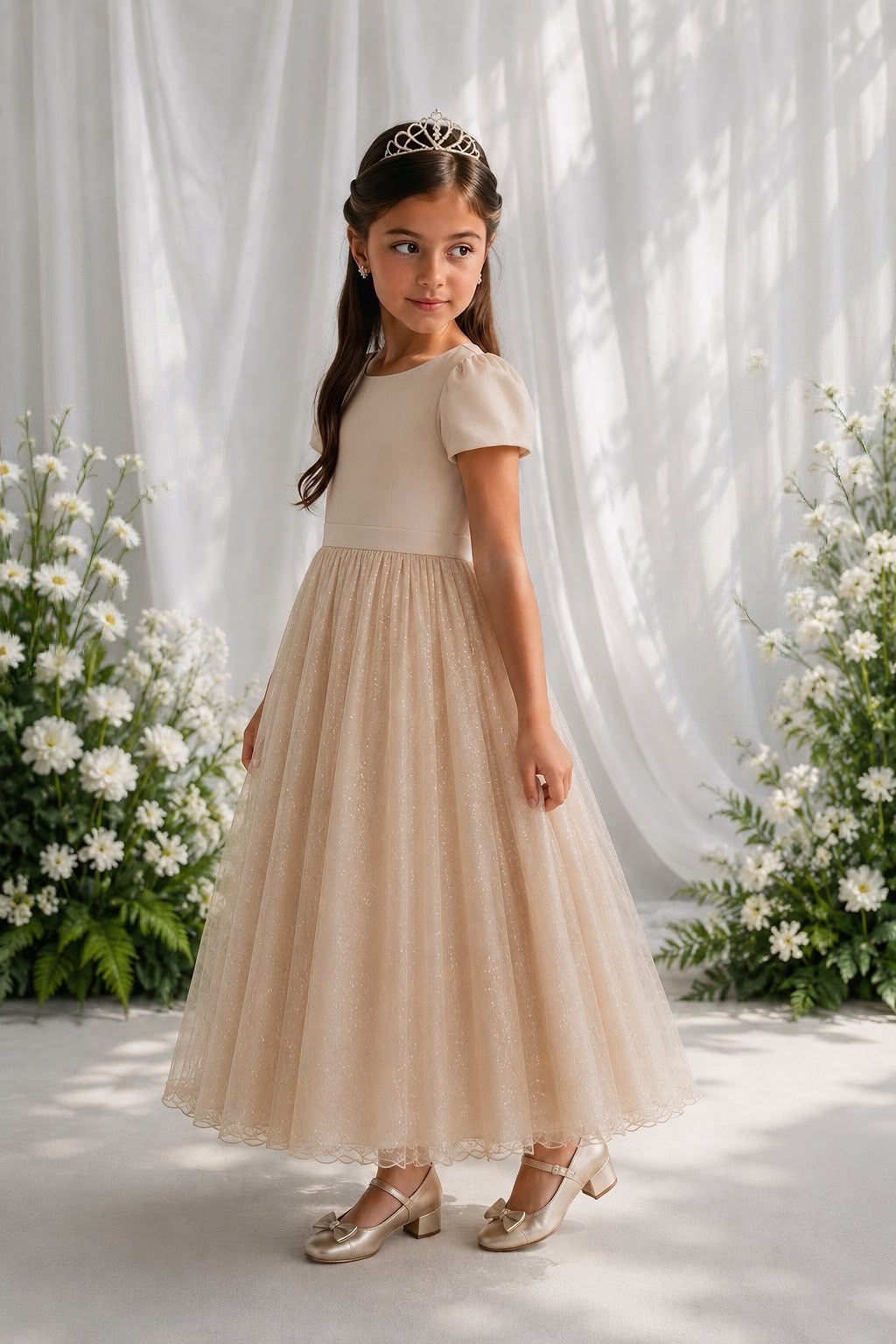 Vestido Infantil Dourado Longo de Princesa Brilhante e Mangas