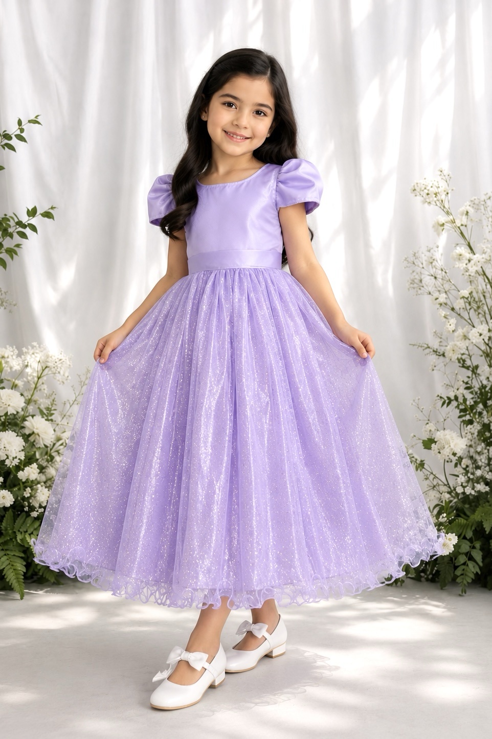 Vestido Infantil Lilás Longo de Princesa Brilhante e Mangas