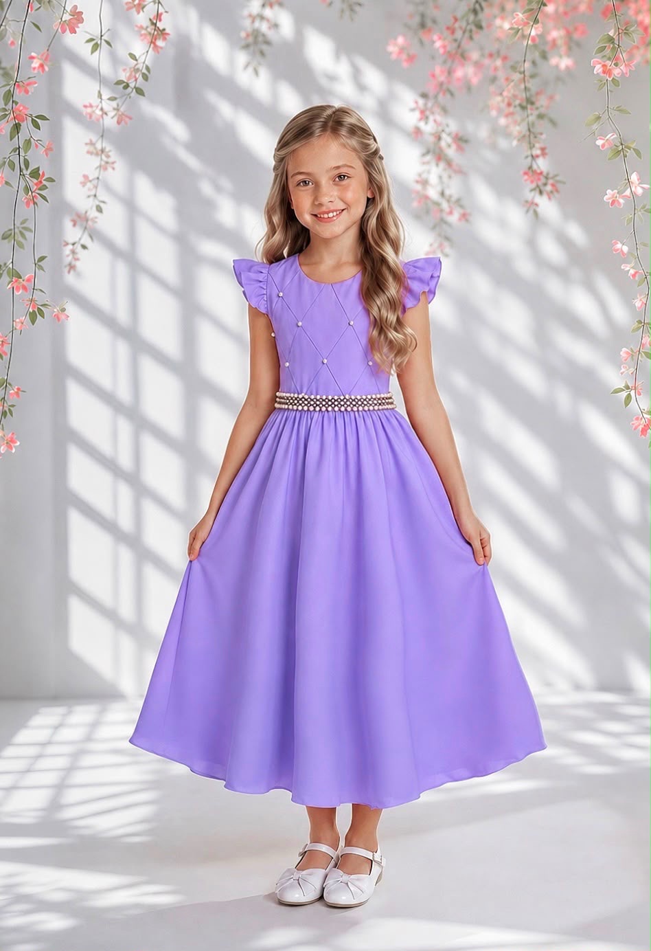 Vestido Longo Daminhas, Infantil Lilás em Poliéster, Nervura com Pérolas Cinto Luxo
