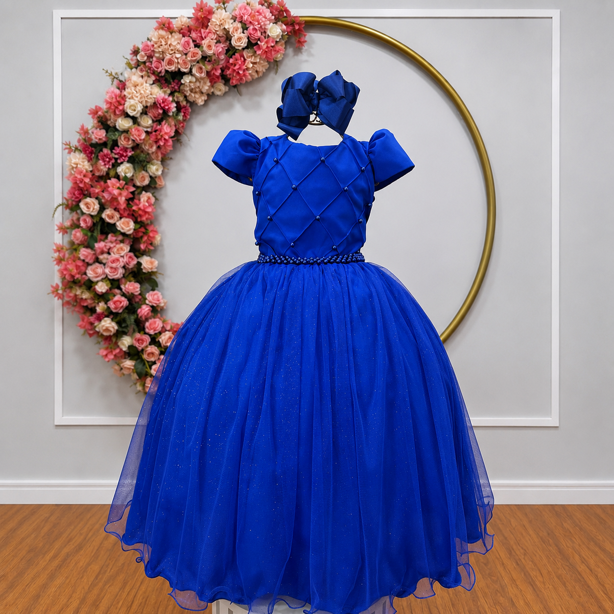 Vestido Infantil Longo Azul Royal Glitter Busto Nervura Festa Daminha