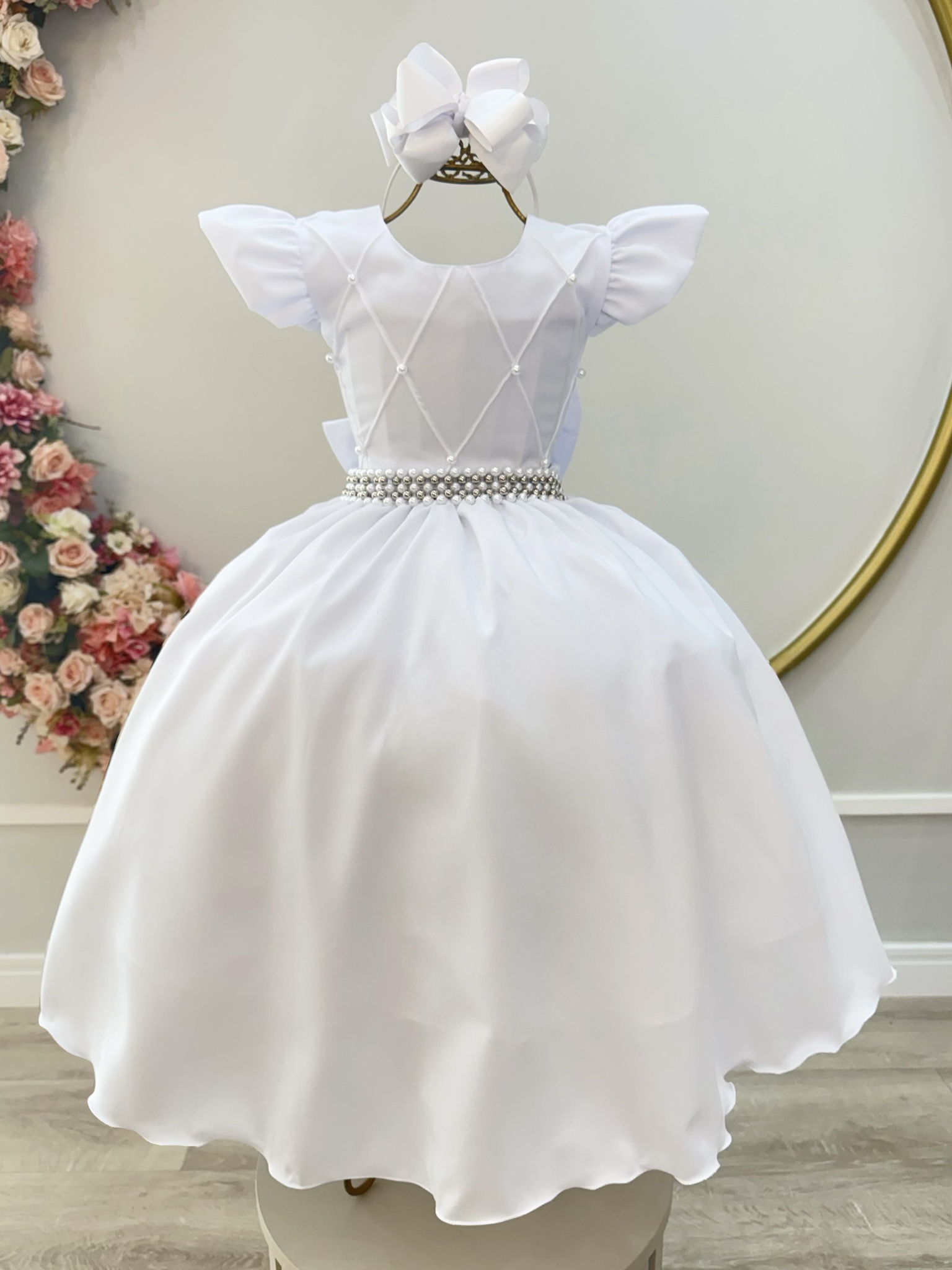 Vestido Infantil Longo Branco Nervura com Pérolas Cinto Luxo