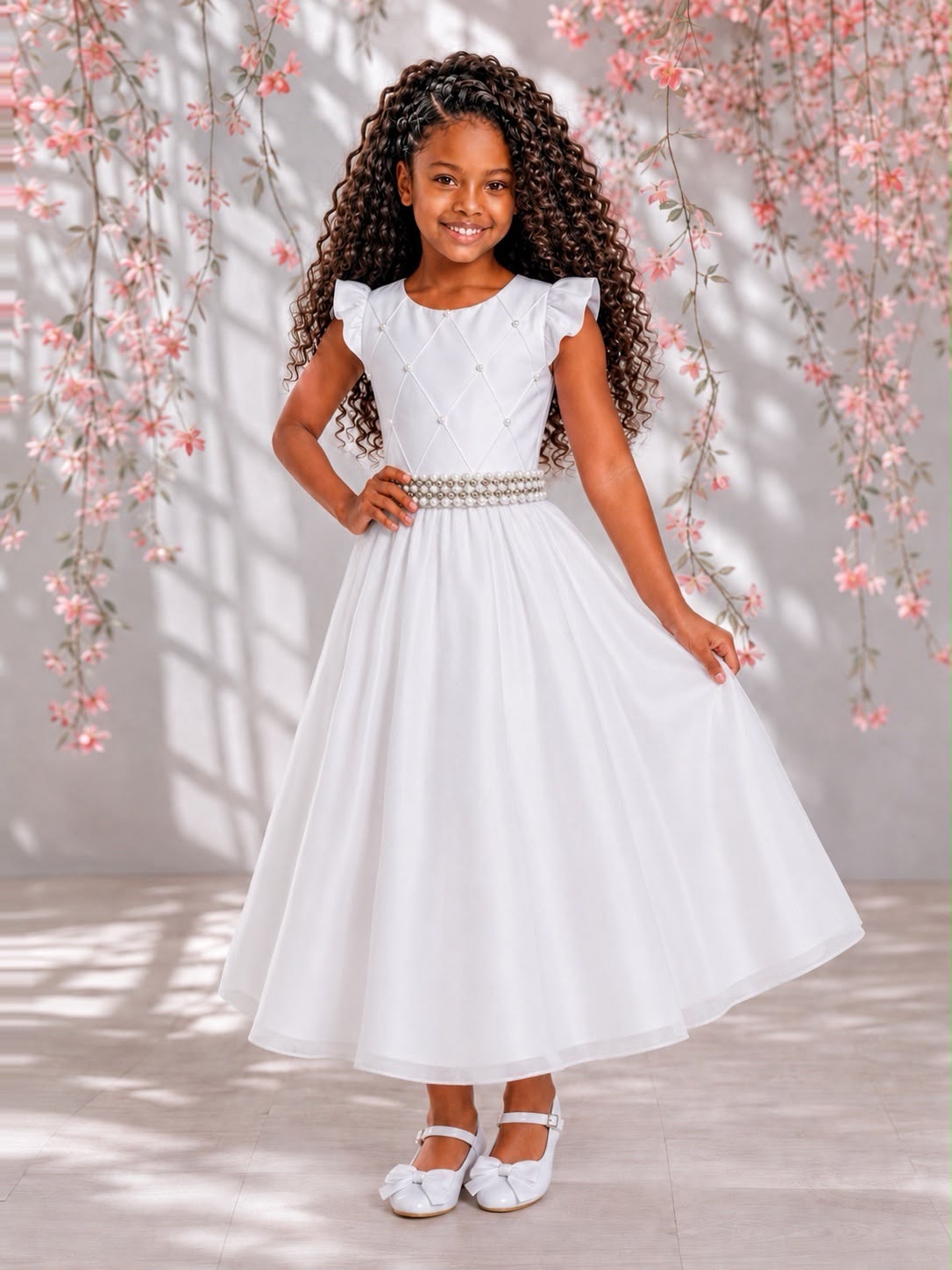 Vestido Longo Daminhas, Infantil Branco em Poliéster, Nervura com Pérolas Cinto Luxo