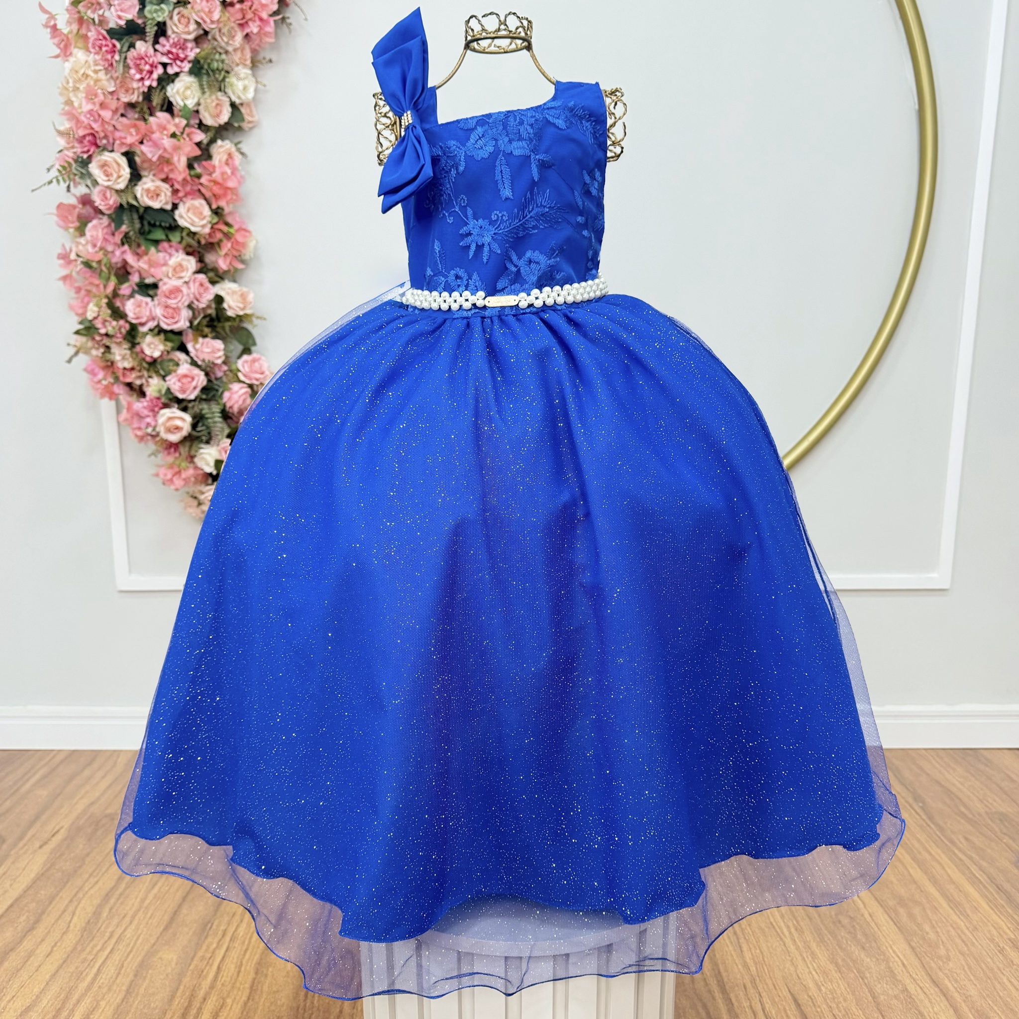 Vestido Infantil Longo Festas Azul Royal Busto Renda