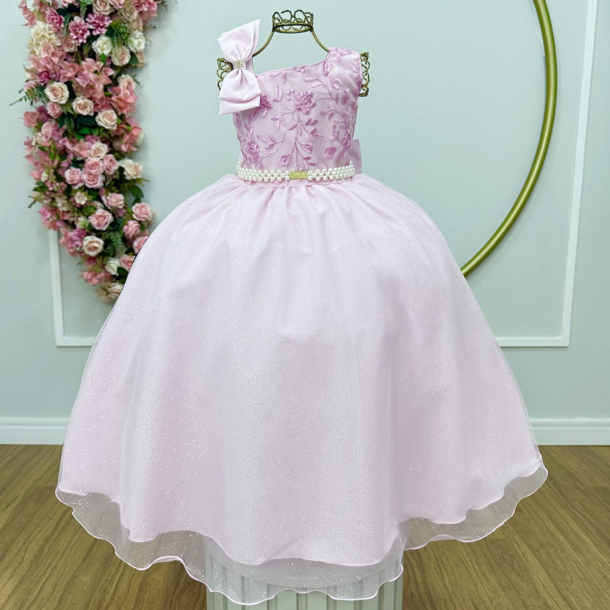 Vestido Infantil Longo Festas Rosa Bebe Busto Renda
