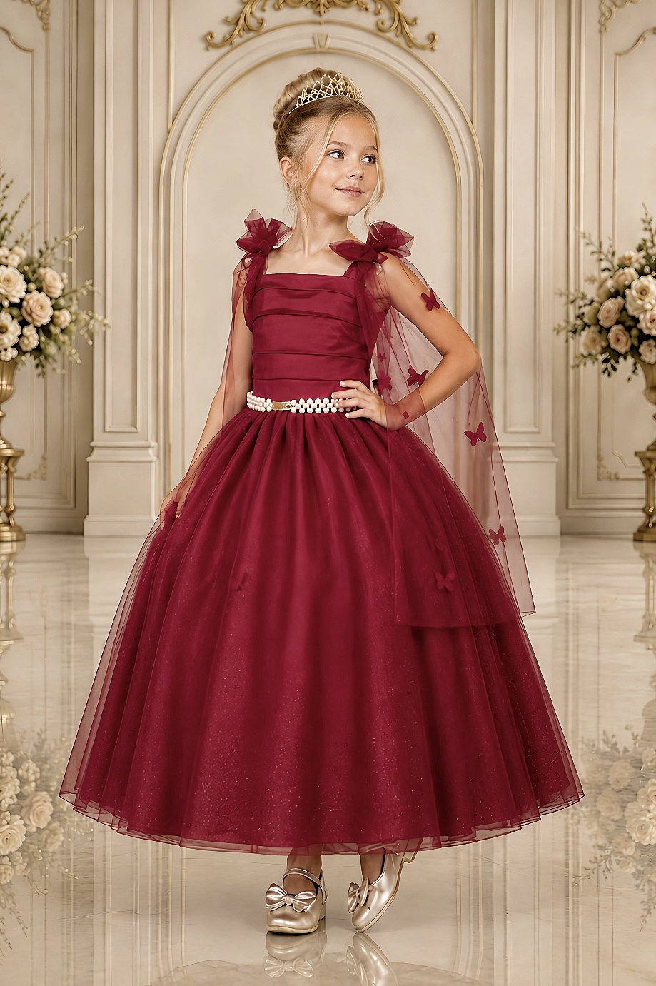 Vestido Infantil Longo Marsala C/ Aplique de Borboletas Festas