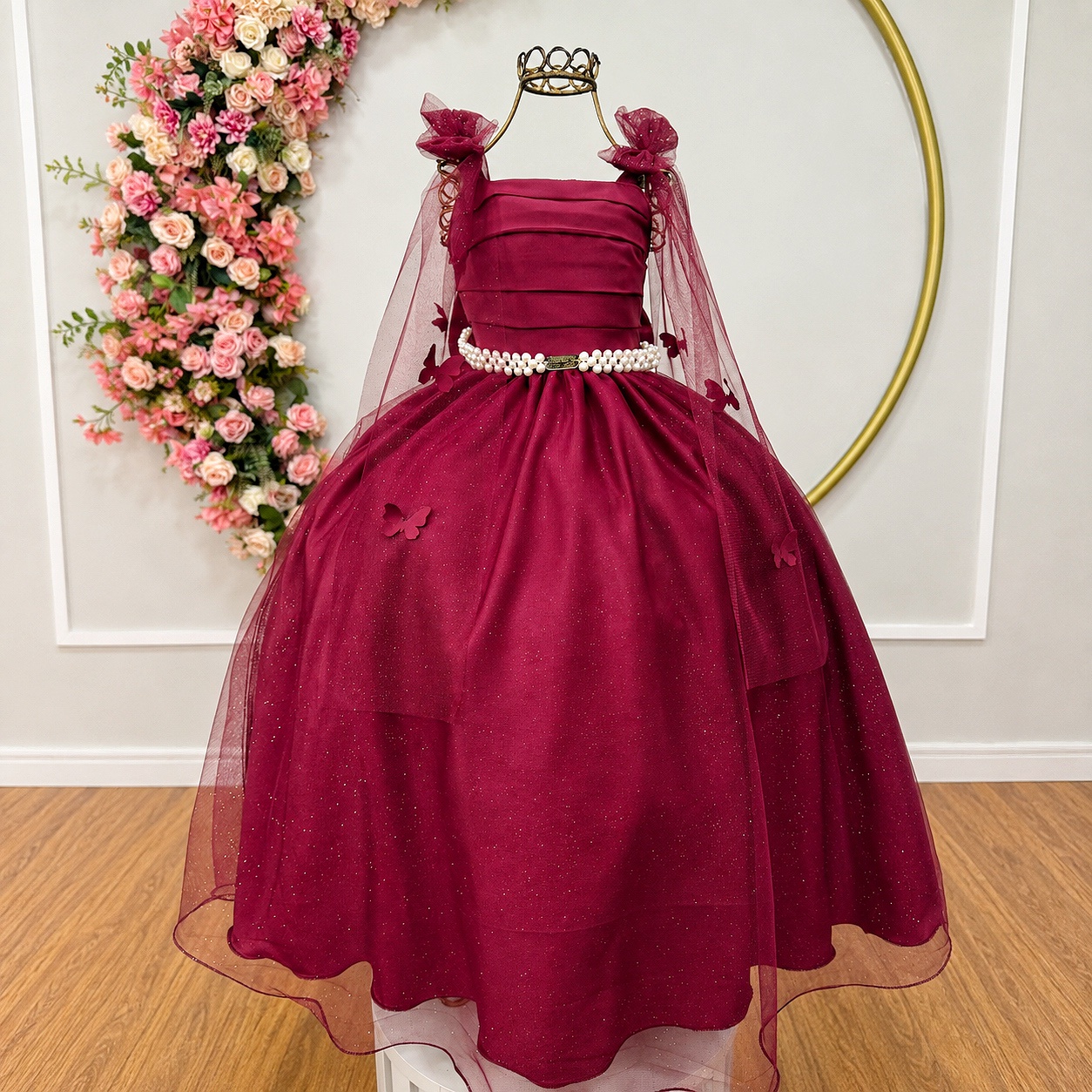 Vestido Infantil Longo Marsala C/ Aplique de Borboletas Festas