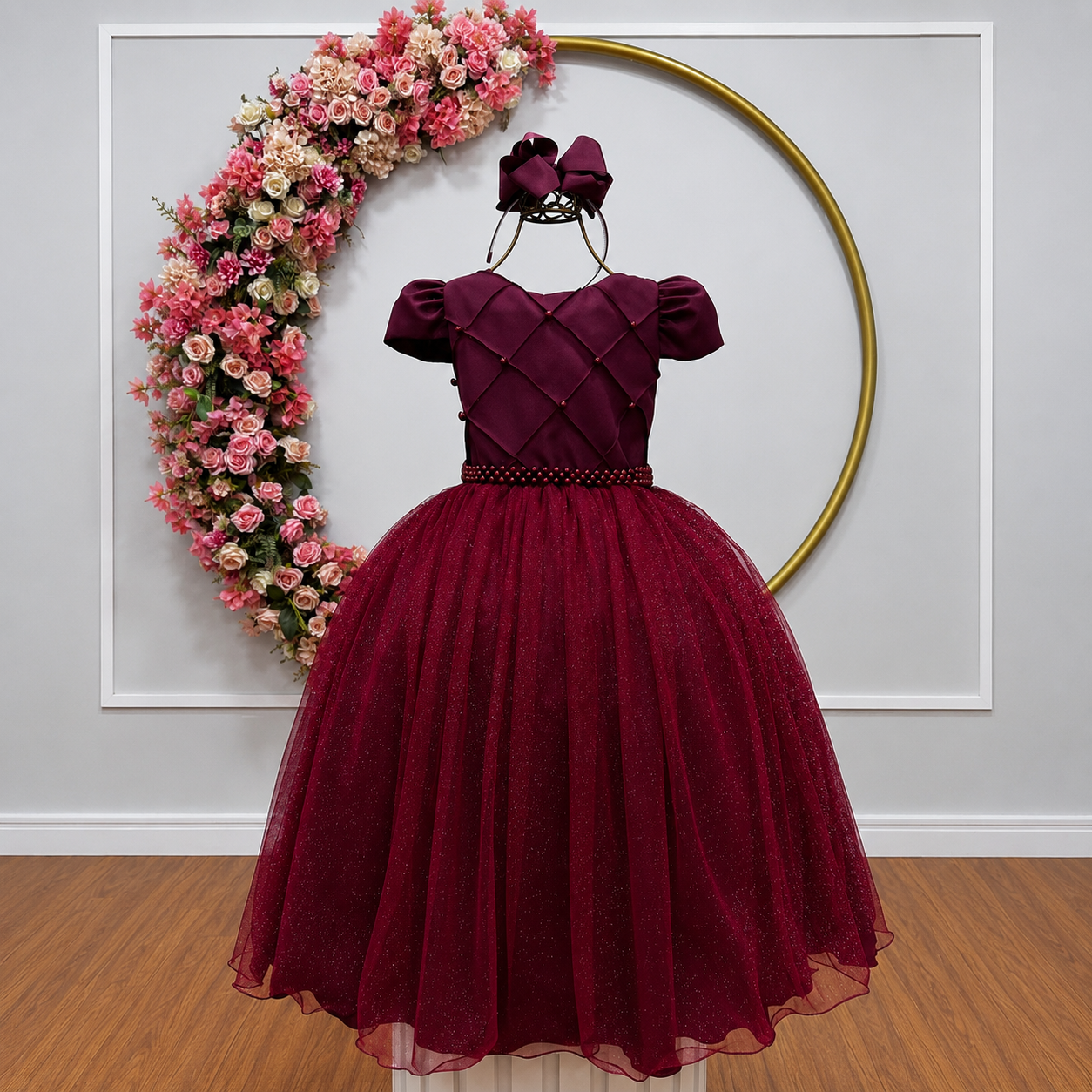 Vestido Infantil Longo Marsala Glitter Busto Nervura Festa Daminha