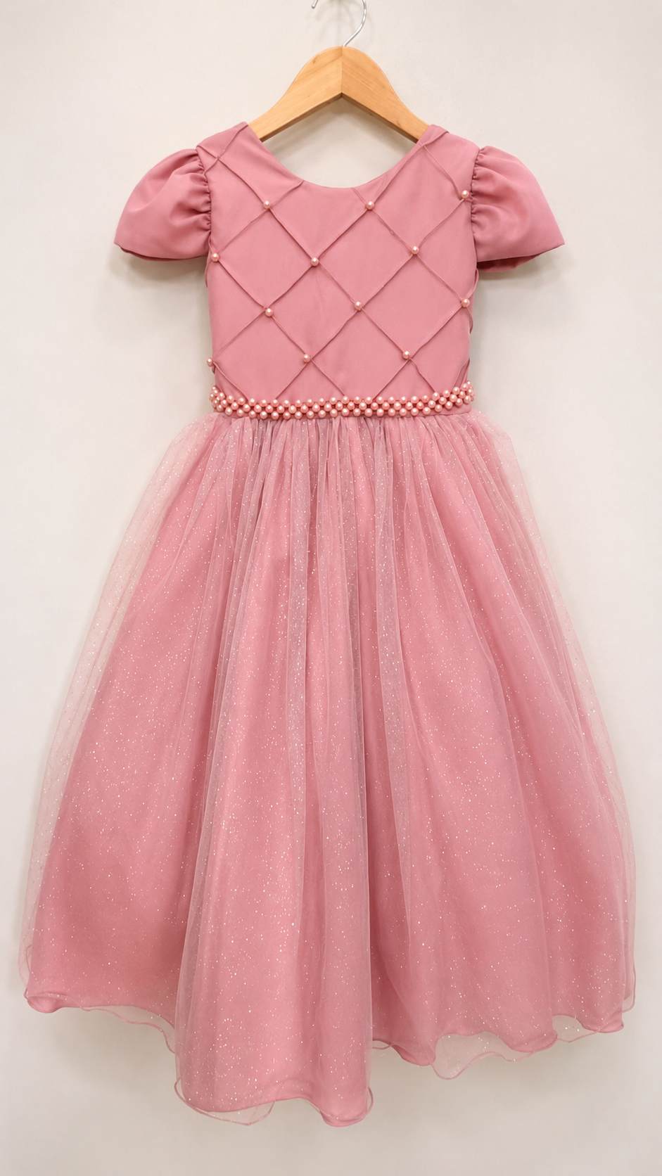 Vestido Infantil Longo Rose Glitter Busto Nervura Festa Daminha