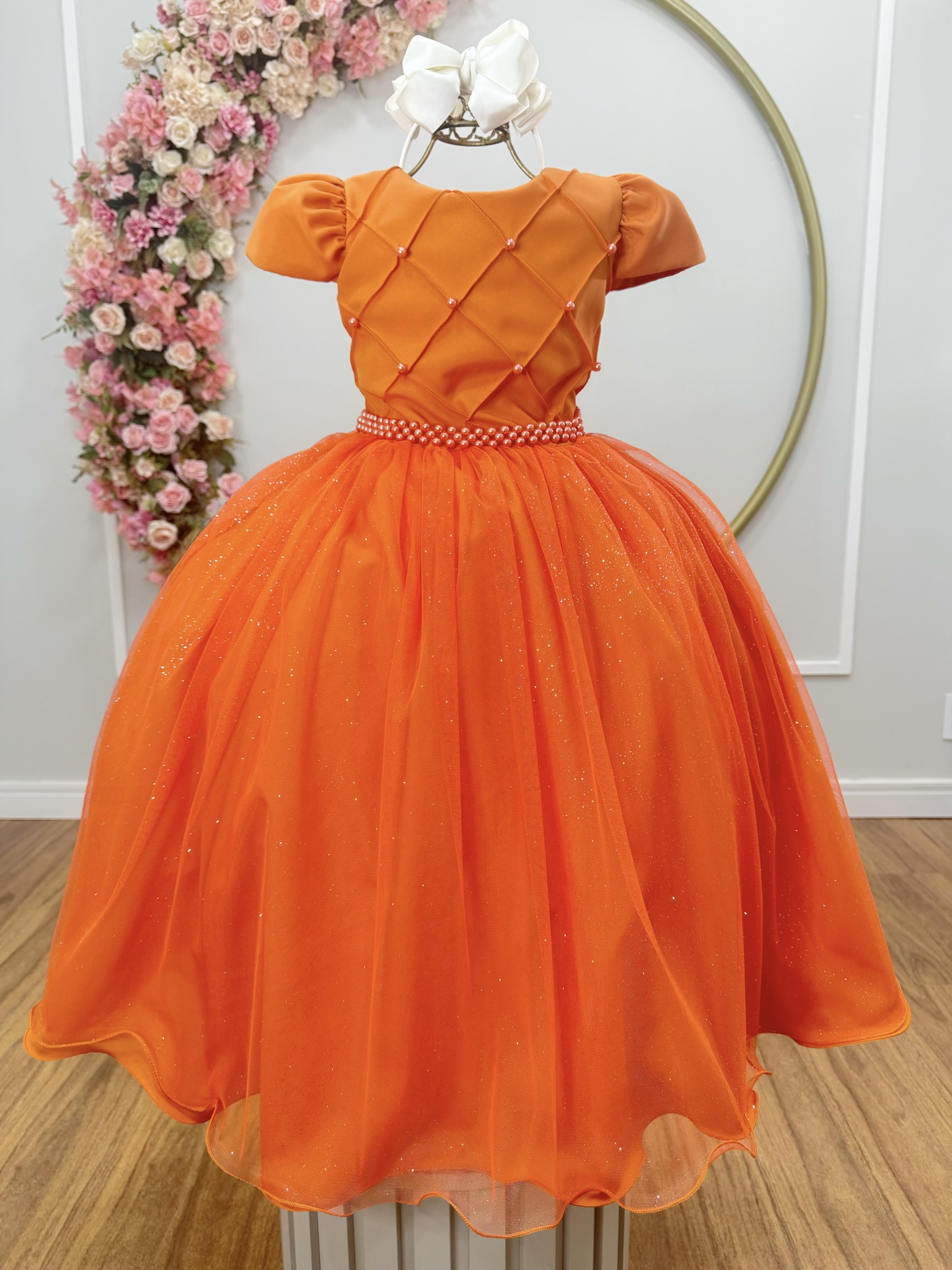 Vestido Infantil Longo Terracota Tule Glitter Busto Nervura Festa Daminha