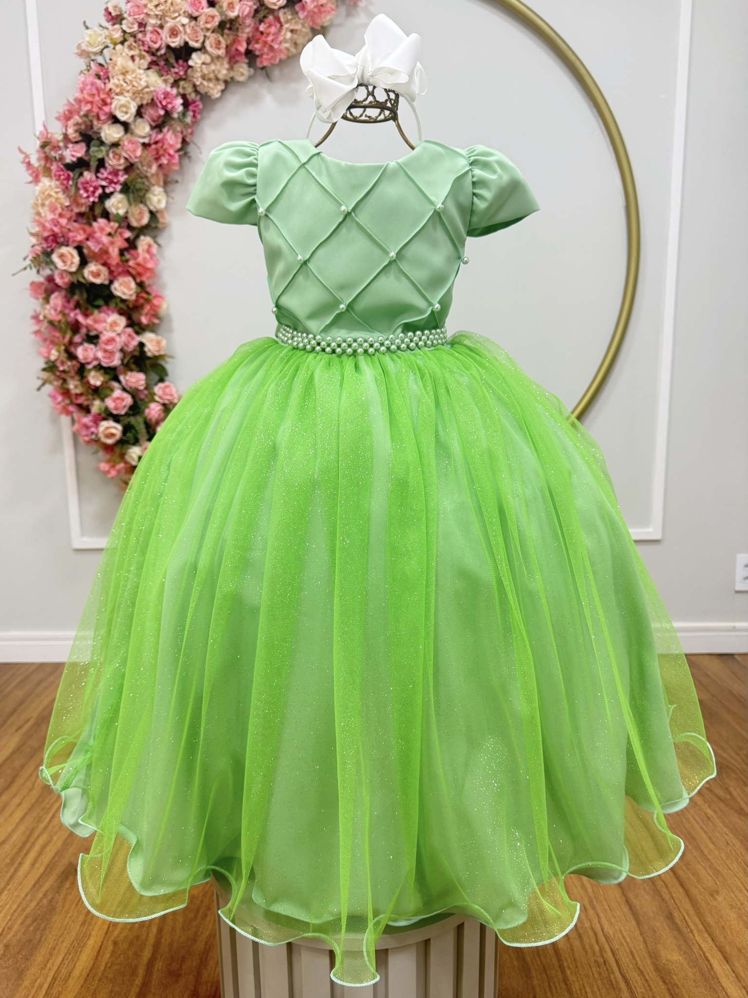 Vestido Infantil Longo Verde Tule Glitter Busto Nervura Festa Daminha