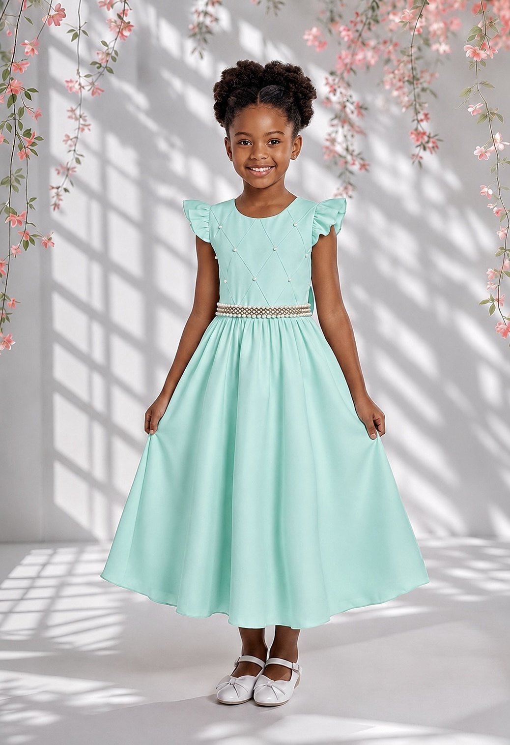 Vestido Longo Daminhas, Infantil Verde Menta em Poliéster, Nervura com Pérolas Cinto Luxo