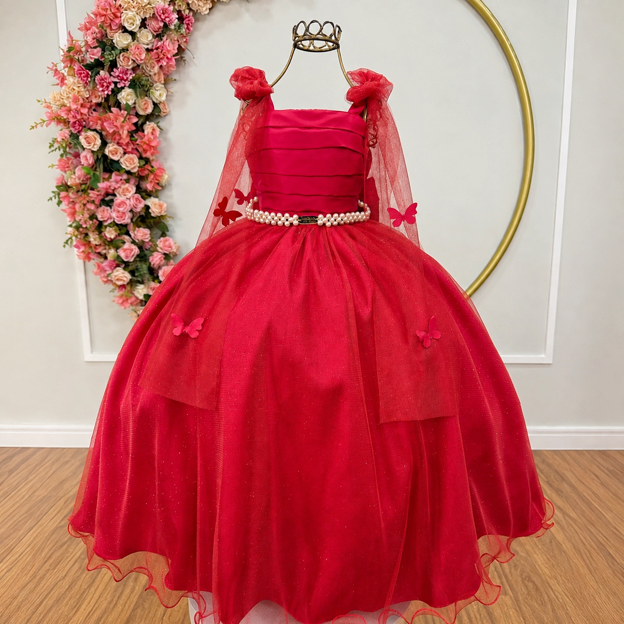 Vestido Infantil Longo Vermelho C/ Aplique de Borboletas Festas