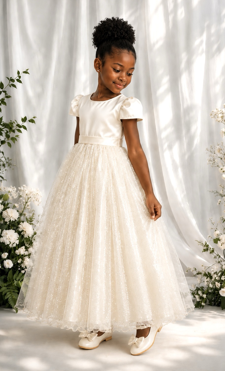 Vestido Infantil Marfim Longo de Princesa Brilhante e Mangas