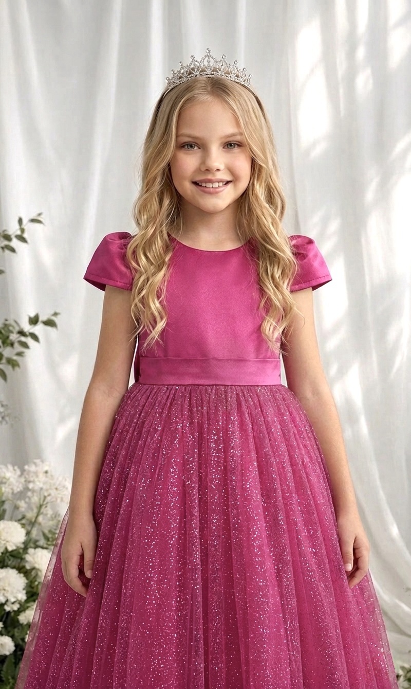 Vestido Infantil Pink Longo de Princesa Brilhante e Mangas