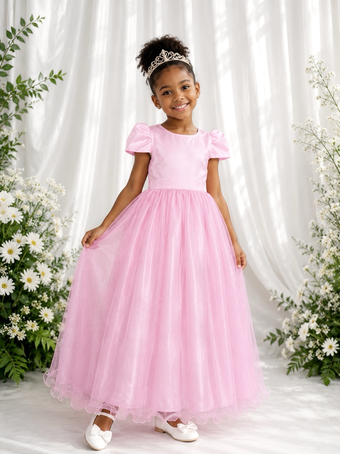 Vestido Infantil Rosa Longo de Princesa Brilhante e Mangas